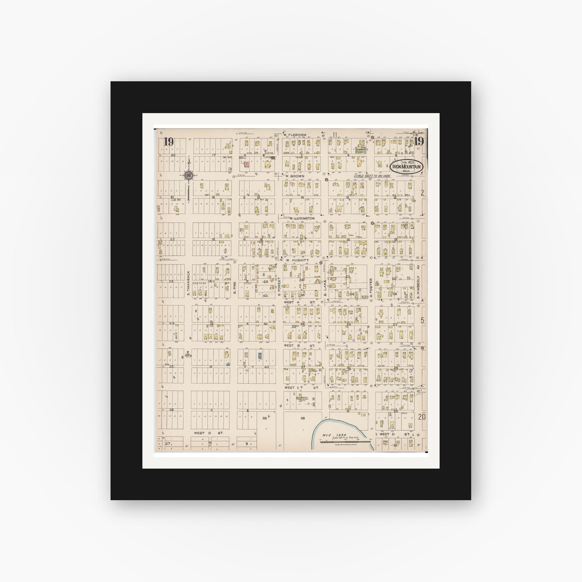 Old map wall art mockup — black gallery frame with white mat — Sanborn Fire Insurance Map from Iron Mountain, Dickinson County, Michigan (1923), Sheet #0019
