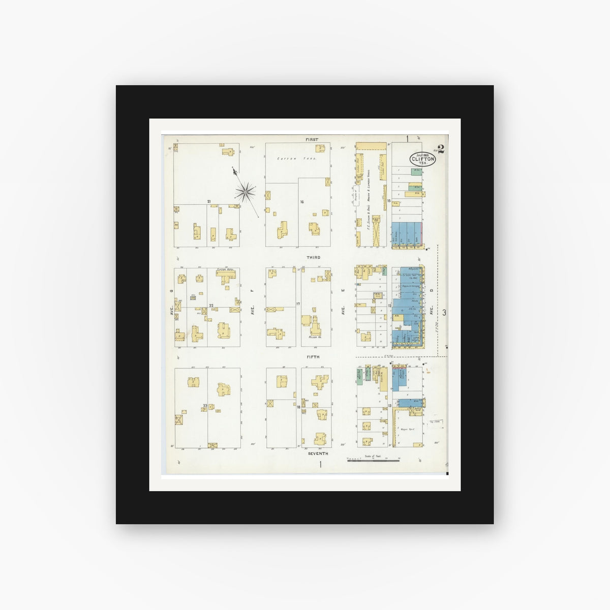 Old map wall art mockup — black gallery frame with white mat — Sanborn Fire Insurance Map from Clifton, Bosque County, Texas (1905), Sheet #0002