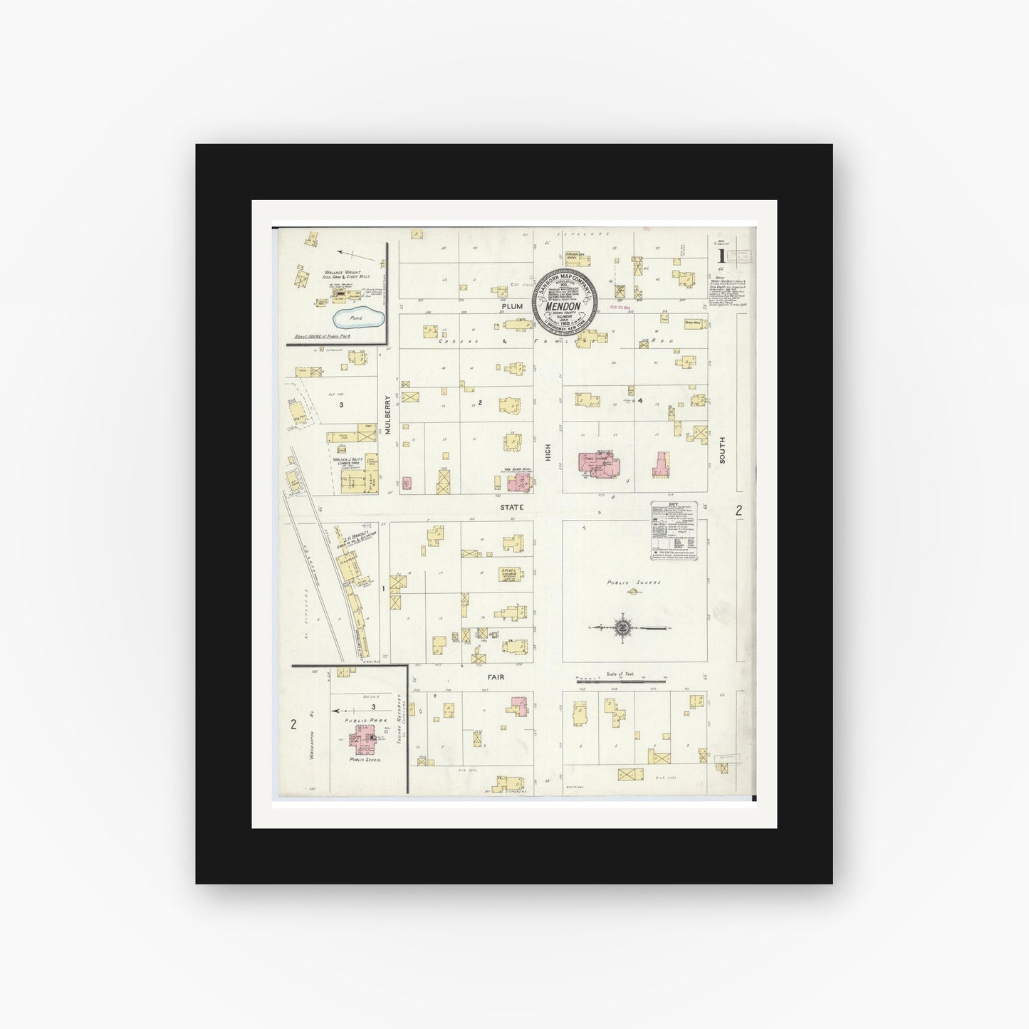 Old map wall art mockup — black gallery frame with white mat — Sanborn Fire Insurance Map from Mendon, Adams County, Illinois (1910) - Complete Map Set