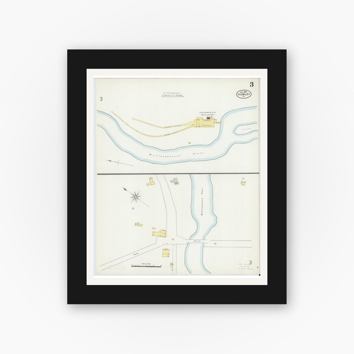 Old map wall art mockup — black gallery frame with white mat — Sanborn Fire Insurance Map from Hawley, Wayne County, Pennsylvania (1897), Sheet #0003