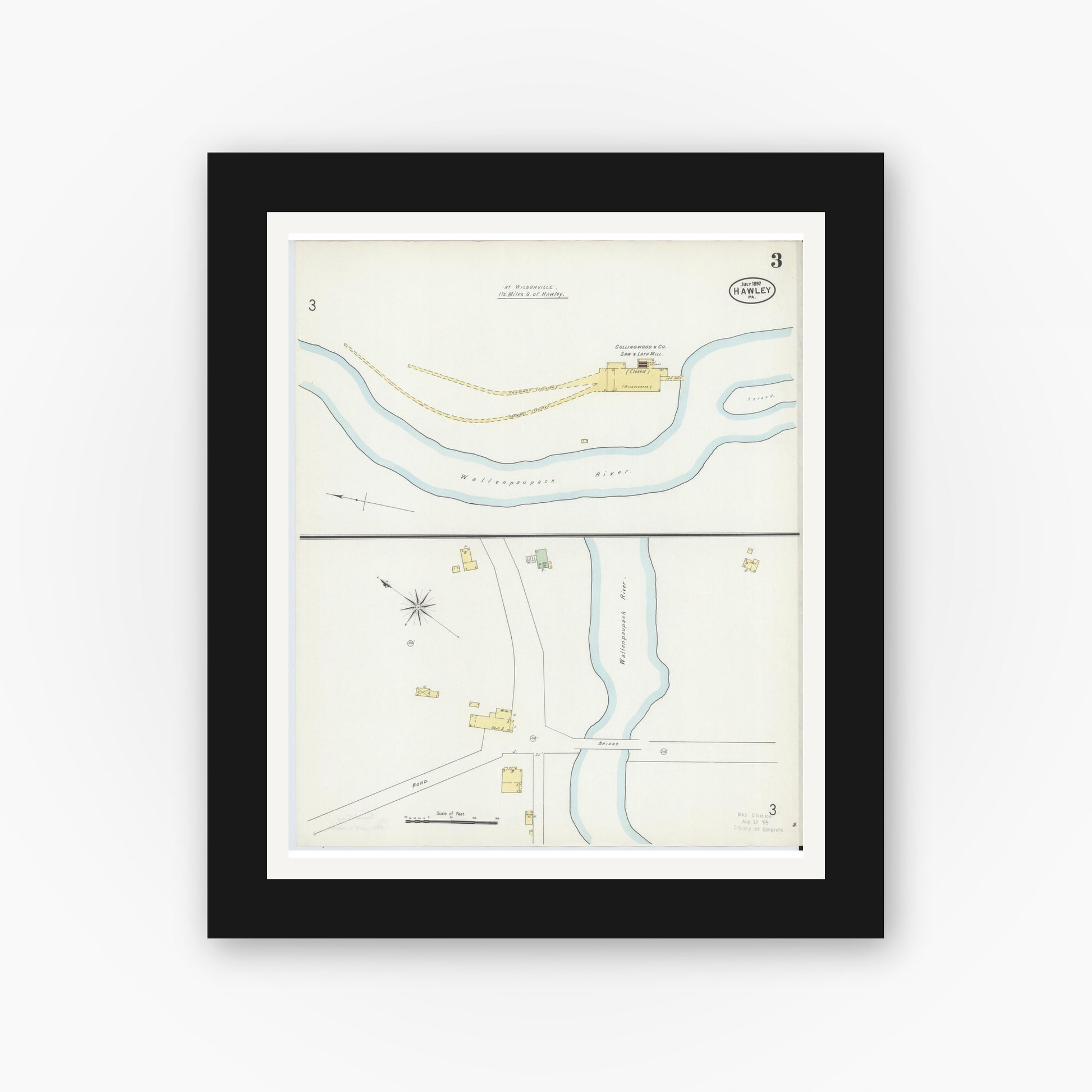 Old map wall art mockup — black gallery frame with white mat — Sanborn Fire Insurance Map from Hawley, Wayne County, Pennsylvania (1897), Sheet #0003