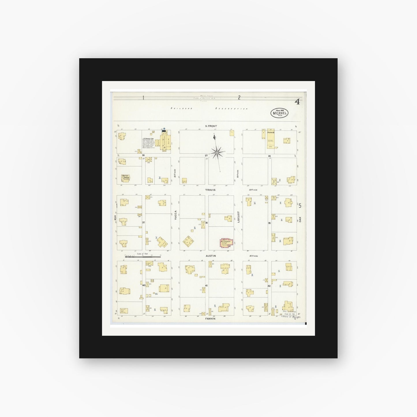 Old map wall art mockup — black gallery frame with white mat — Sanborn Fire Insurance Map from Merkel, Taylor County, Texas (1908), Sheet #0004