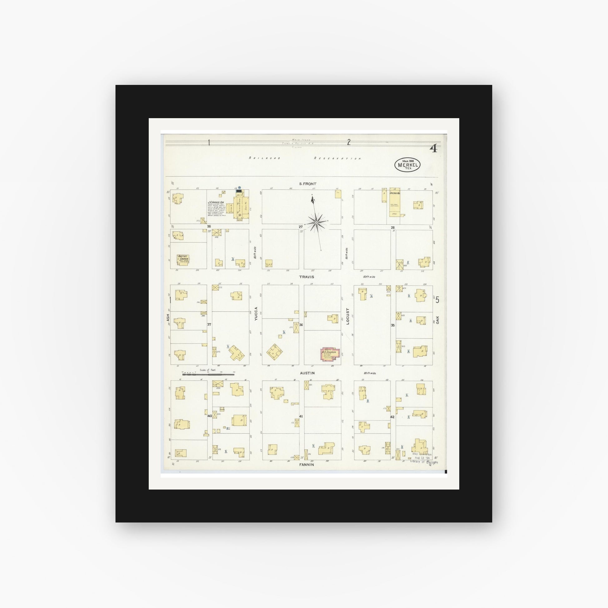 Old map wall art mockup — black gallery frame with white mat — Sanborn Fire Insurance Map from Merkel, Taylor County, Texas (1908), Sheet #0004