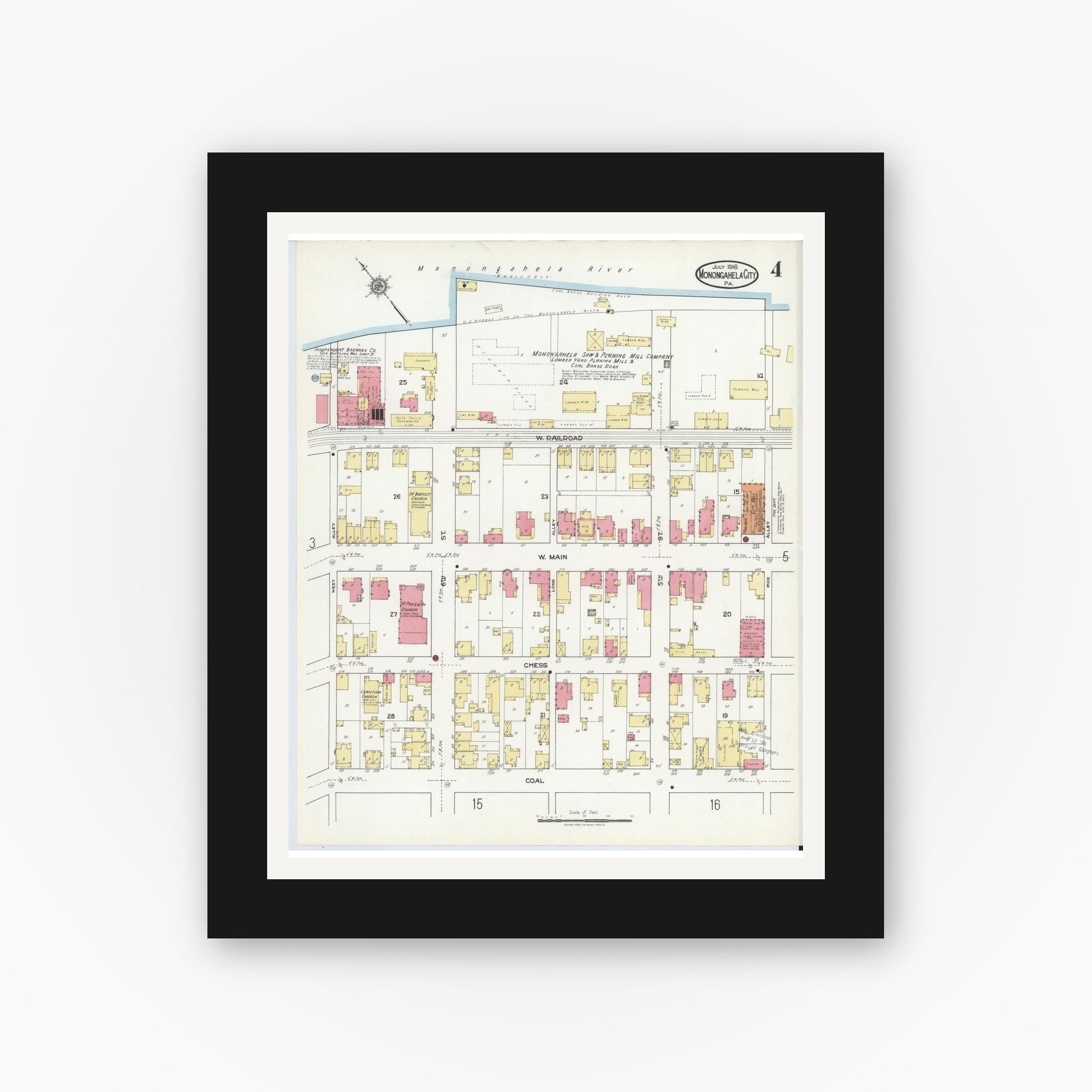 Old map wall art mockup — black gallery frame with white mat — Sanborn Fire Insurance Map from Monongahela City, Washington County, Pennsylvania (1918), Sheet #0004