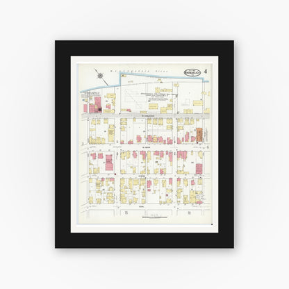 Old map wall art mockup — black gallery frame with white mat — Sanborn Fire Insurance Map from Monongahela City, Washington County, Pennsylvania (1918), Sheet #0004
