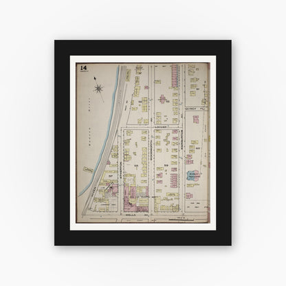 Old map wall art mockup — black gallery frame with white mat — Sanborn Fire Insurance Map from Yonkers, Westchester County, New York (1886), Sheet #0014