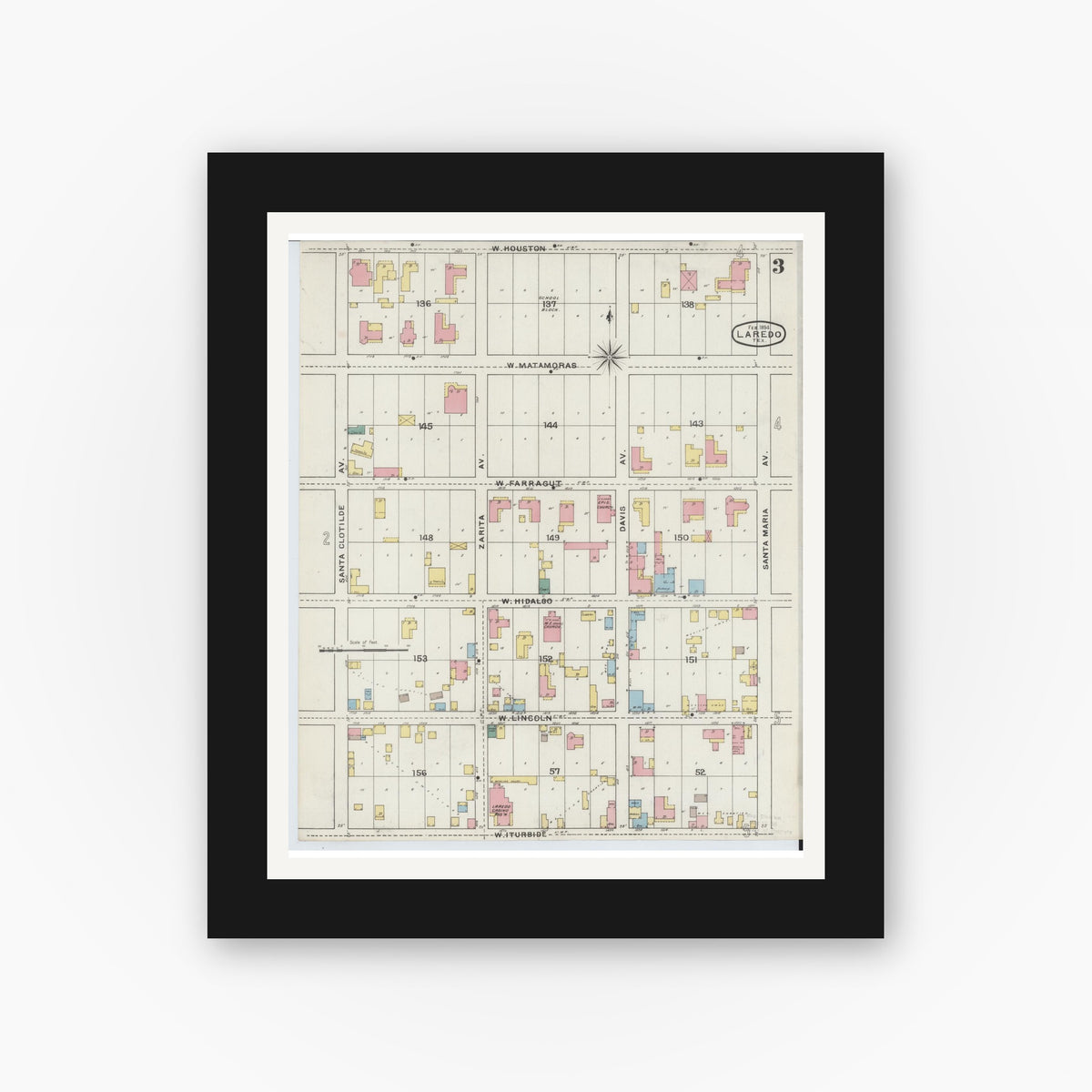 Old map wall art mockup — black gallery frame with white mat — Sanborn Fire Insurance Map from Laredo, Webb County, Texas (1894), Sheet #0003