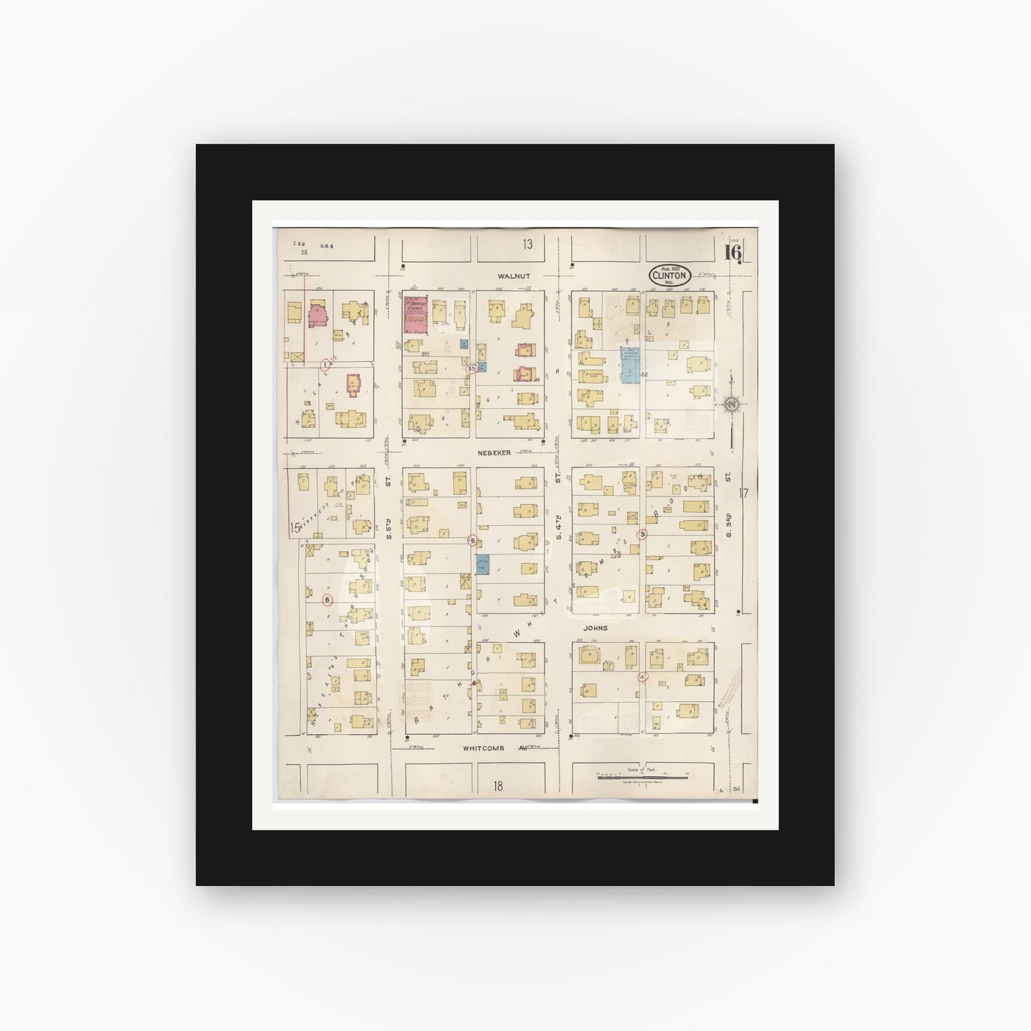 Old map wall art mockup — black gallery frame with white mat — Sanborn Fire Insurance Map from Clinton, Vermillion County, Indiana (1947), Sheet #0016