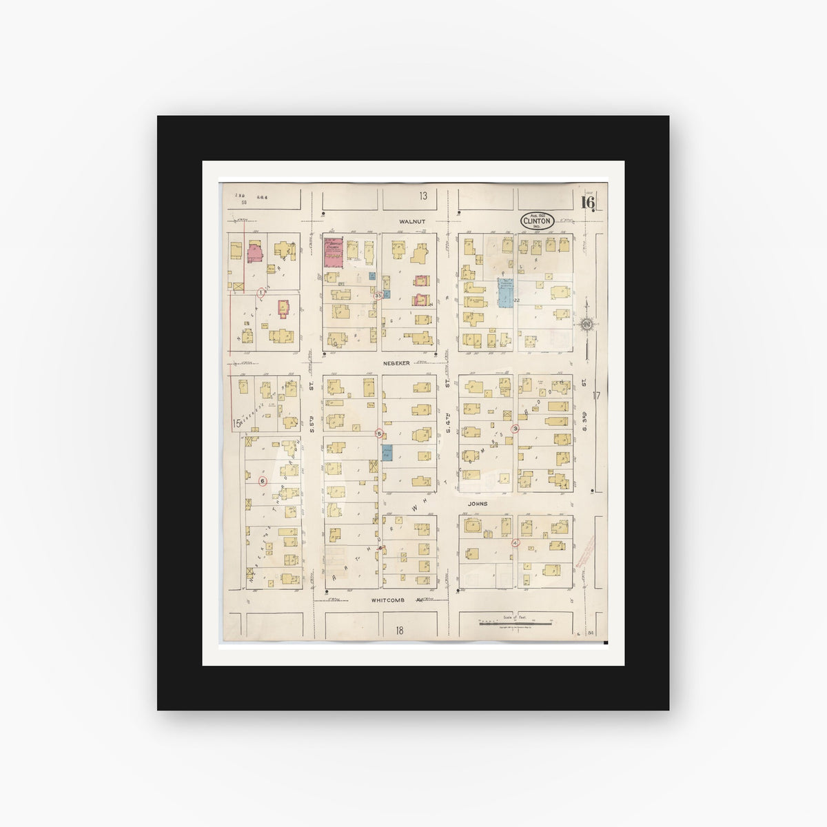 Old map wall art mockup — black gallery frame with white mat — Sanborn Fire Insurance Map from Clinton, Vermillion County, Indiana (1947), Sheet #0016