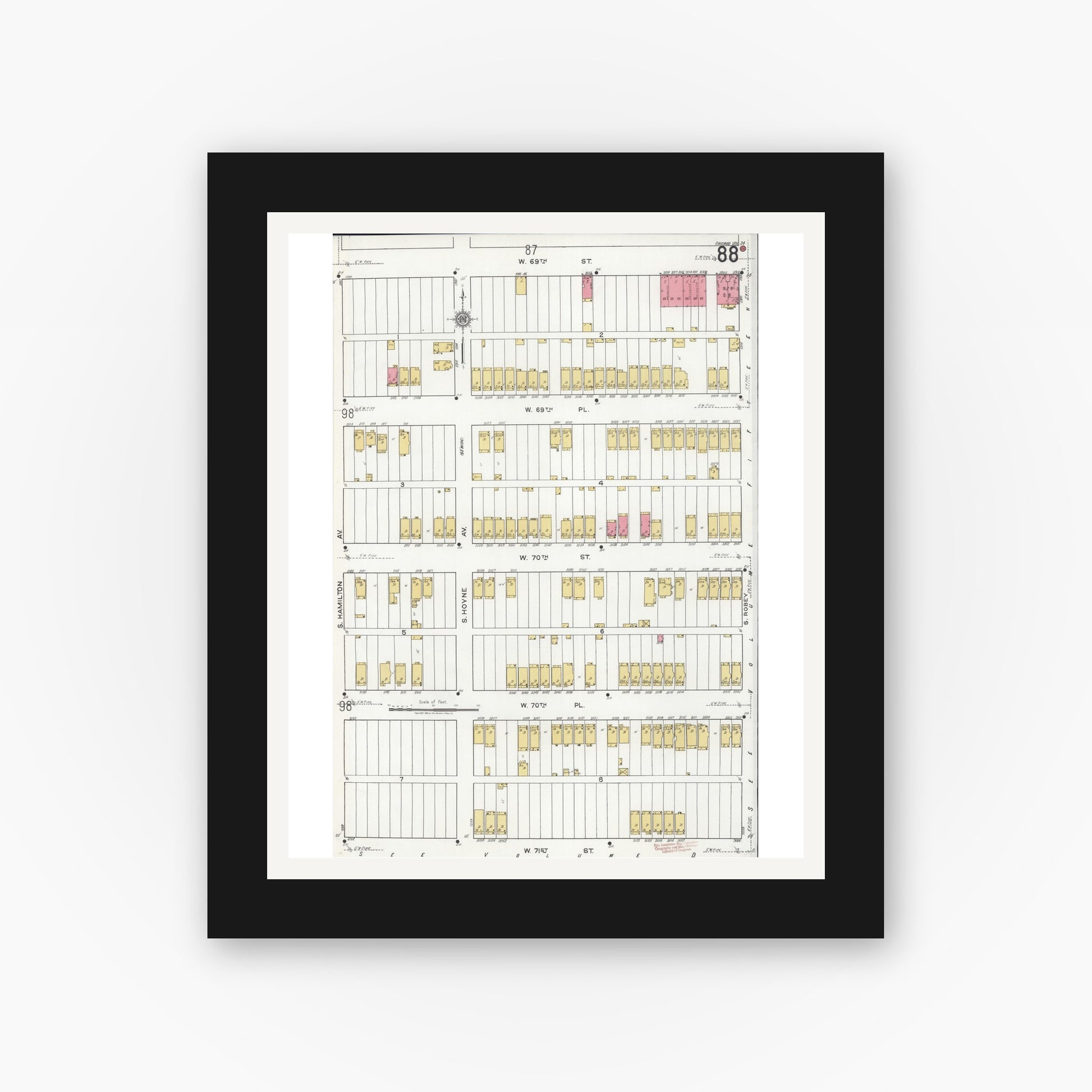Old map wall art mockup — black gallery frame with white mat — Sanborn Fire Insurance Map from Chicago, Cook County, Illinois (1920), Sheet #0088