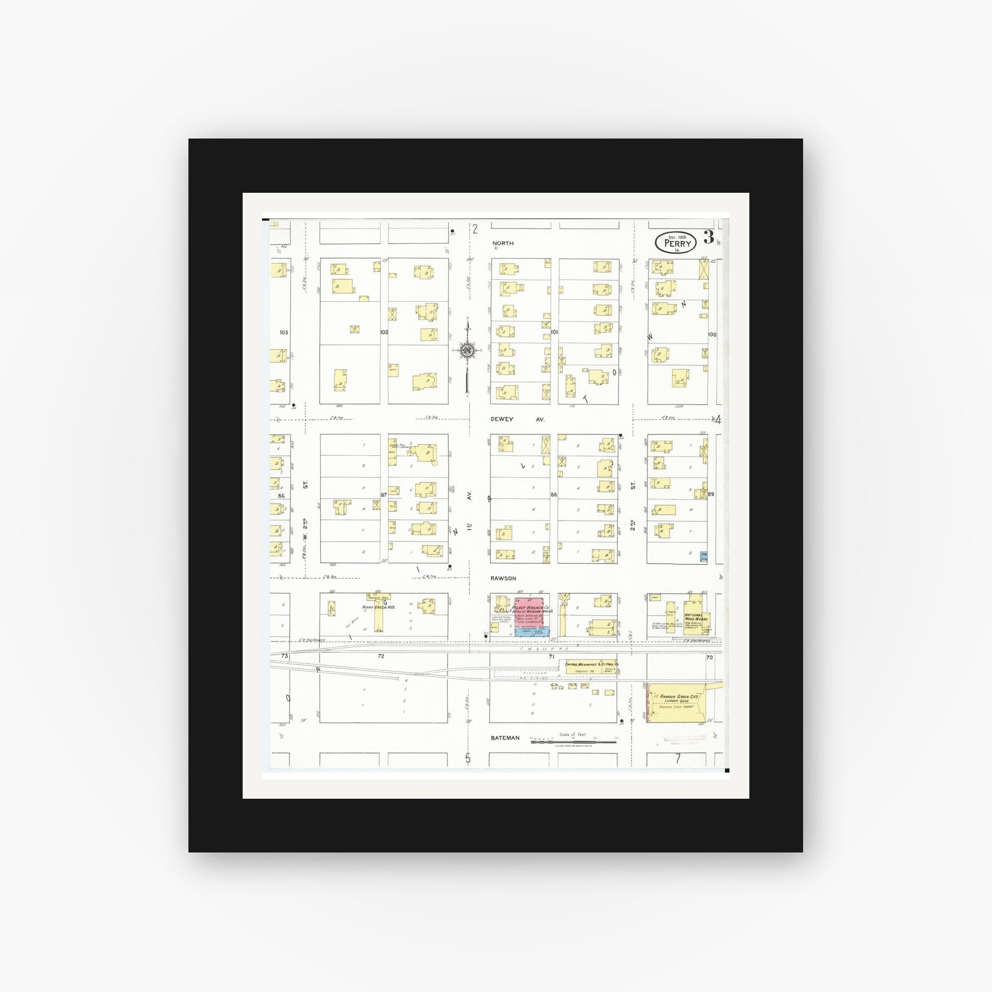 Old map wall art mockup — black gallery frame with white mat — Sanborn Fire Insurance Map from Perry, Dallas County, Iowa (1918), Sheet #0003