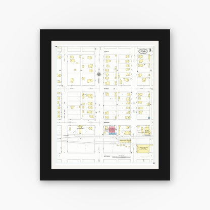 Old map wall art mockup — black gallery frame with white mat — Sanborn Fire Insurance Map from Perry, Dallas County, Iowa (1918), Sheet #0003