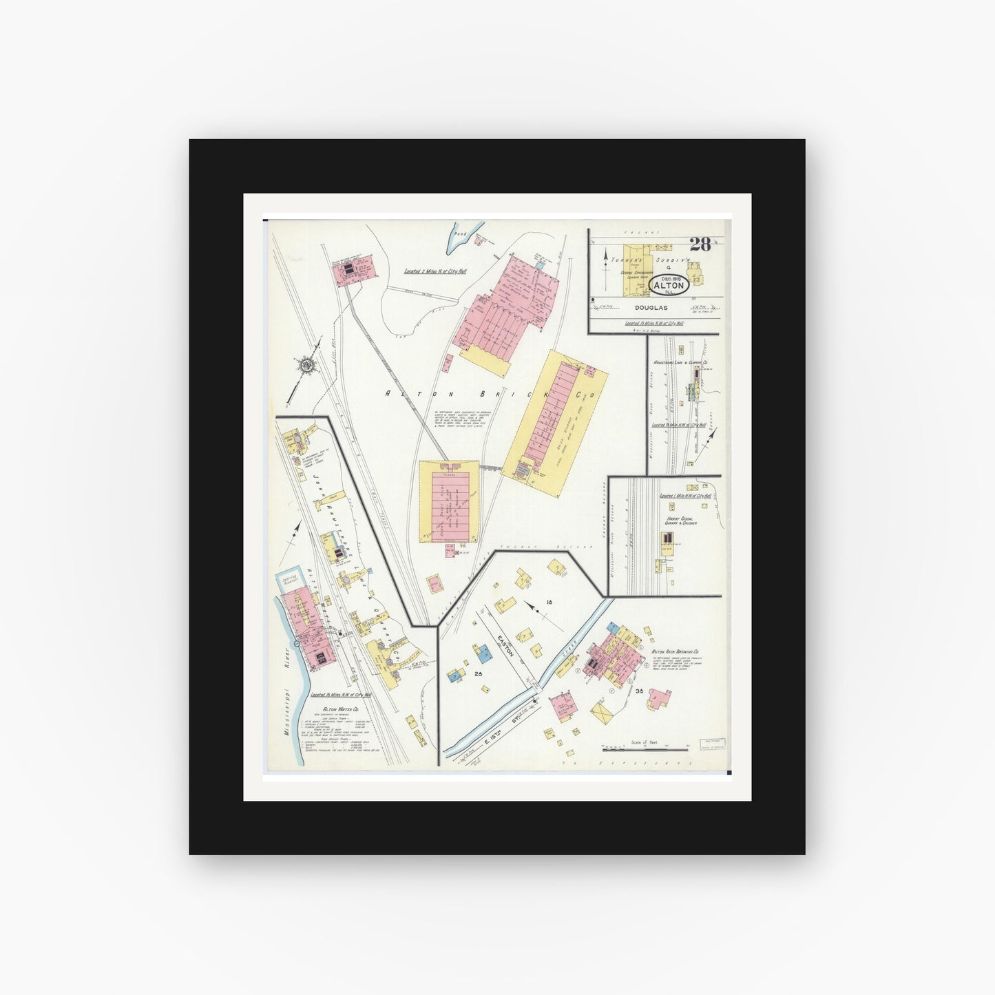 Old map wall art mockup — black gallery frame with white mat — Sanborn Fire Insurance Map from Alton, Madison County, Illinois (1915), Sheet #0028