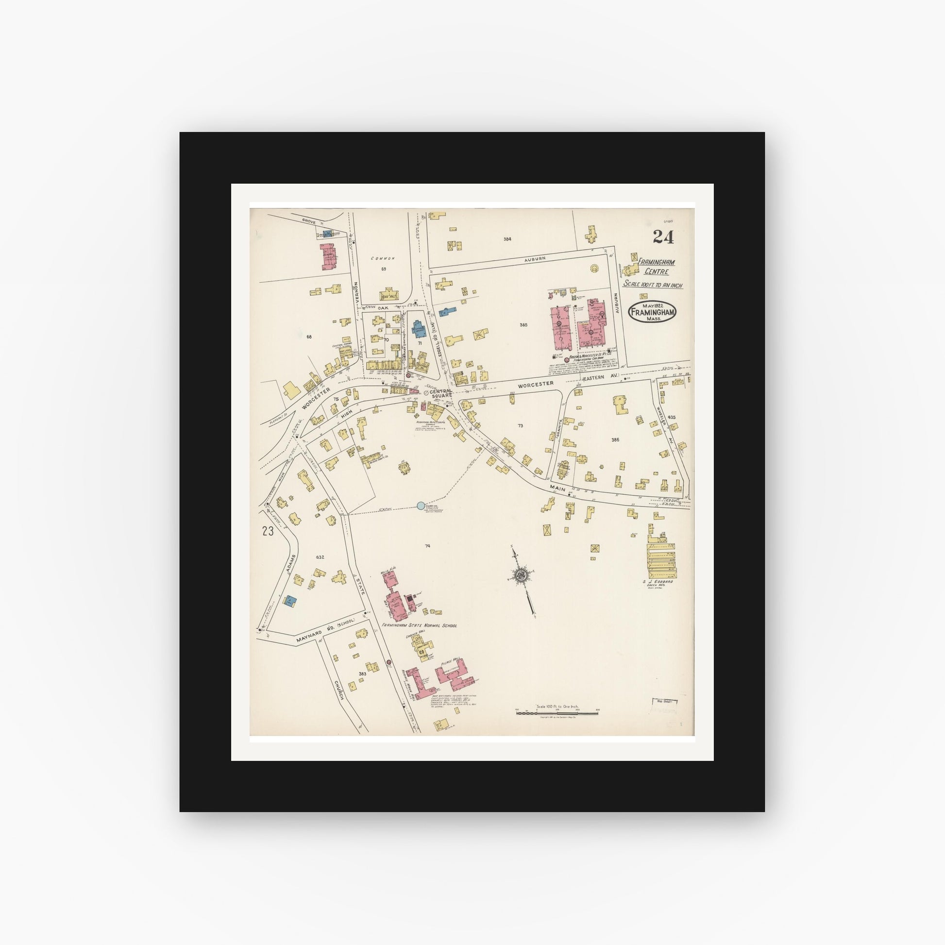 Old map wall art mockup — black gallery frame with white mat — Sanborn Fire Insurance Map from Framingham, Middlesex County, Massachusetts (1922), Sheet #0024