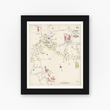 Old map wall art mockup — black gallery frame with white mat — Sanborn Fire Insurance Map from Framingham, Middlesex County, Massachusetts (1922), Sheet #0024