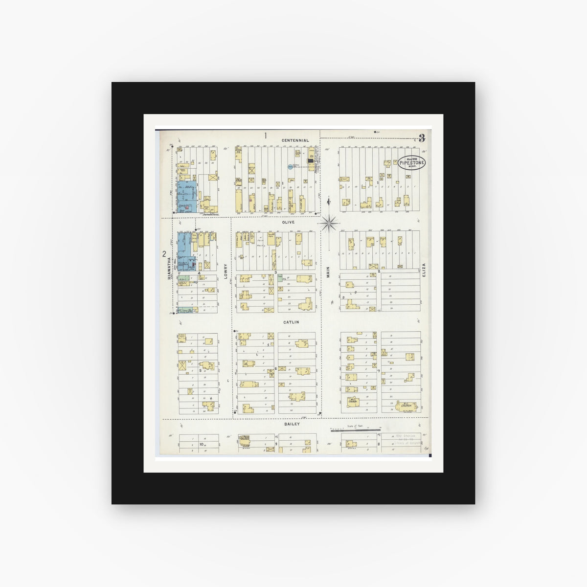 Old map wall art mockup — black gallery frame with white mat — Sanborn Fire Insurance Map from Pipestone, Pipestone County, Minnesota (1898), Sheet #0003