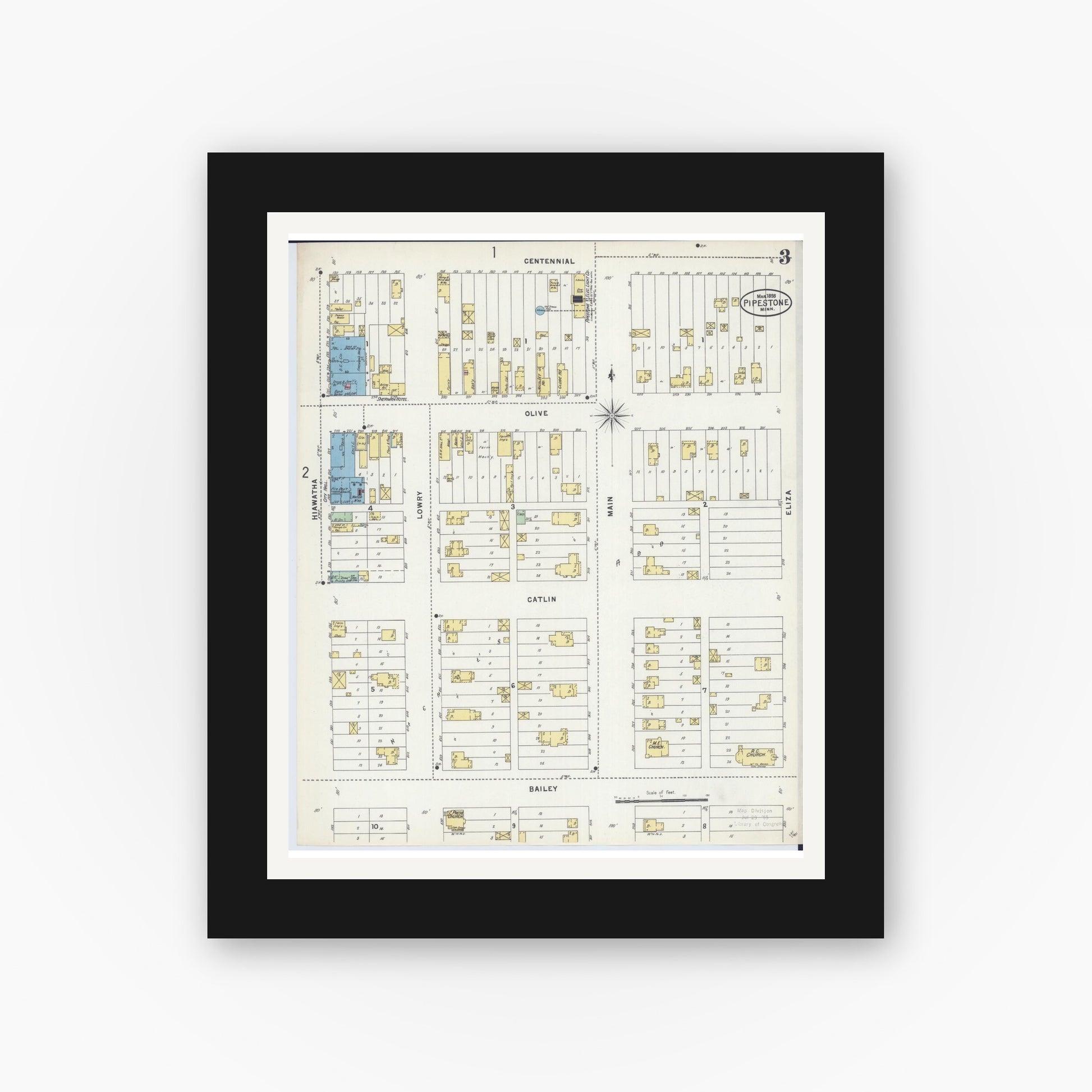 Old map wall art mockup — black gallery frame with white mat — Sanborn Fire Insurance Map from Pipestone, Pipestone County, Minnesota (1898), Sheet #0003