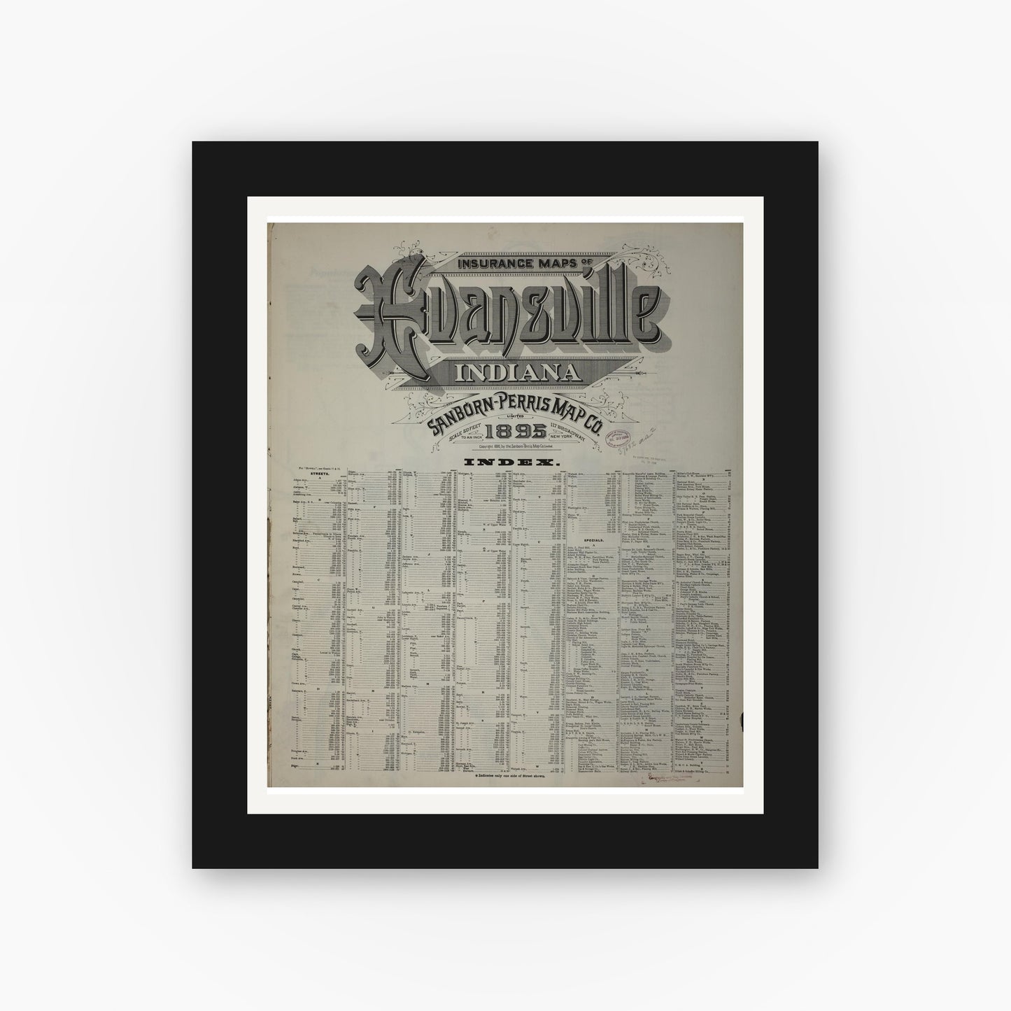 Old map wall art mockup — black gallery frame with white mat — Sanborn Fire Insurance Map from Evansville, Vanderburgh County, Indiana (1895), Sheet #0001