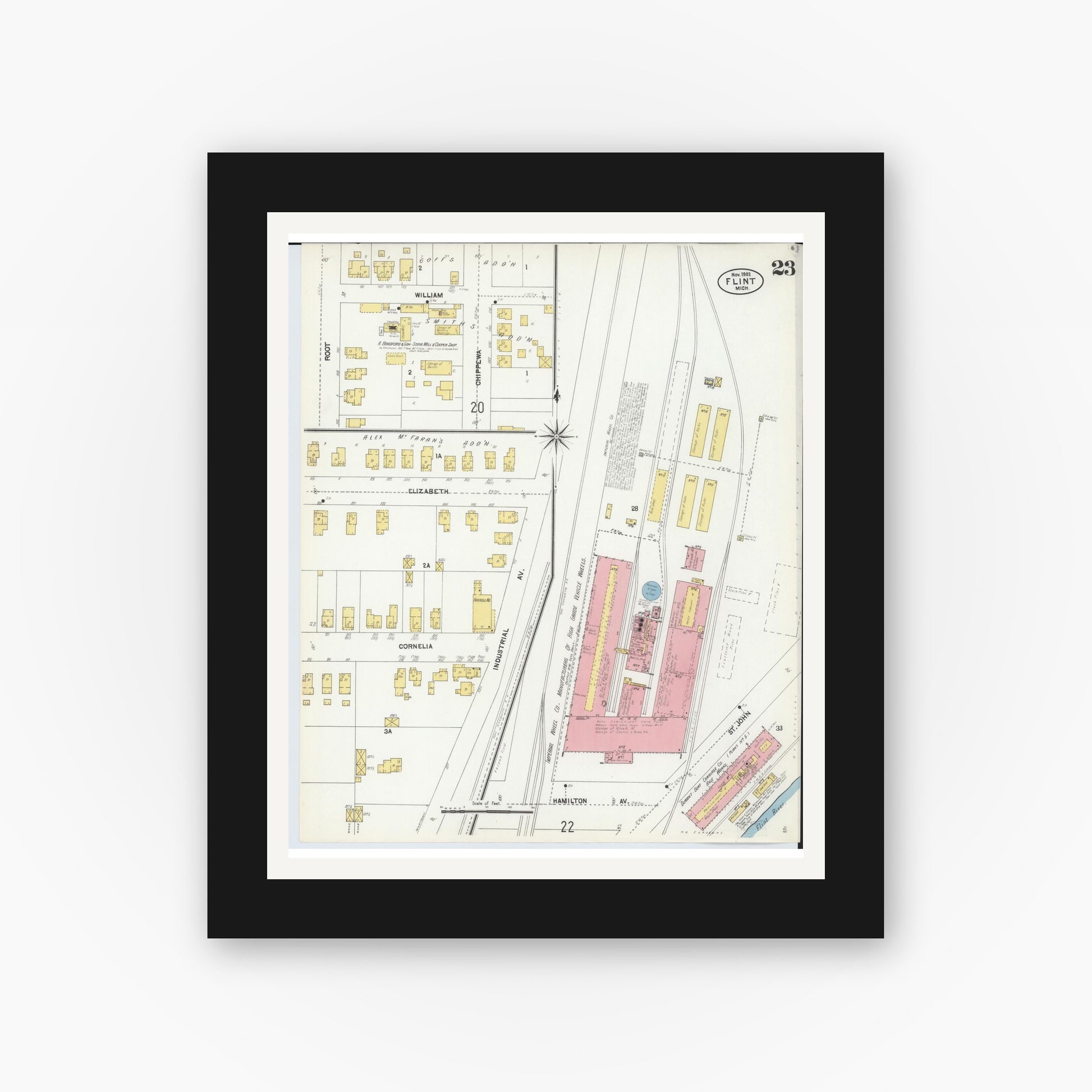 Old map wall art mockup — black gallery frame with white mat — Sanborn Fire Insurance Map from Flint, Genesee County, Michigan (1902), Sheet #0023