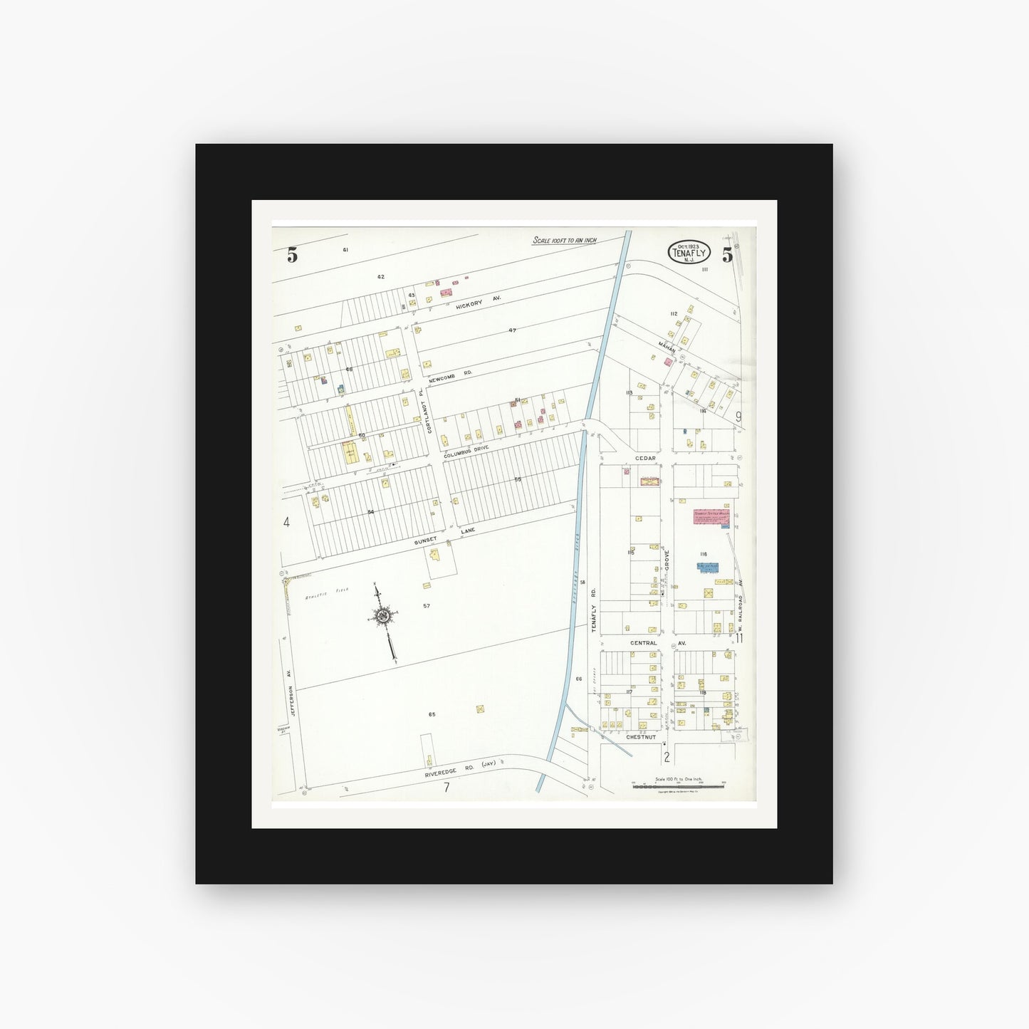 Old map wall art mockup — black gallery frame with white mat — Sanborn Fire Insurance Map from Tenafly, Bergen County, New Jersey (1923), Sheet #0005
