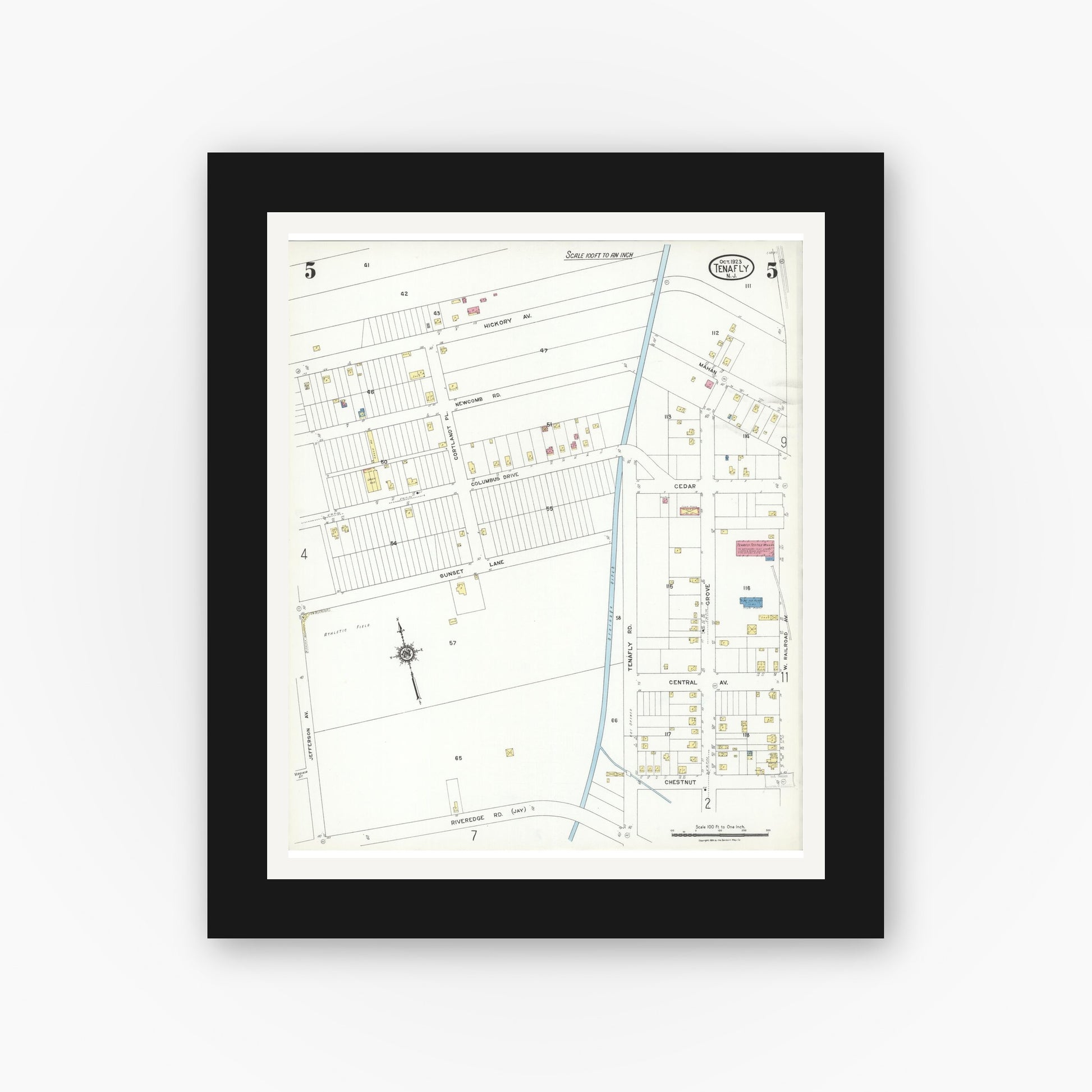 Old map wall art mockup — black gallery frame with white mat — Sanborn Fire Insurance Map from Tenafly, Bergen County, New Jersey (1923), Sheet #0005