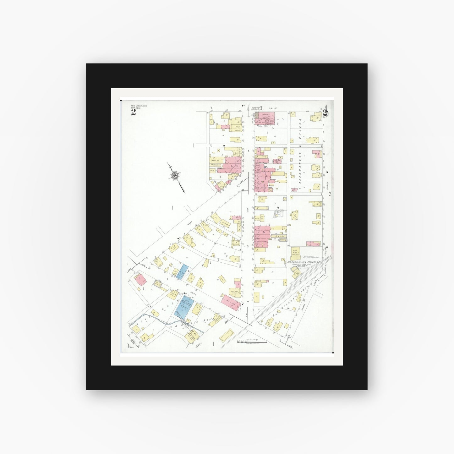 Old map wall art mockup — black gallery frame with white mat — Sanborn Fire Insurance Map from New Vienna, Clinton County, Ohio (1948), Sheet #0002