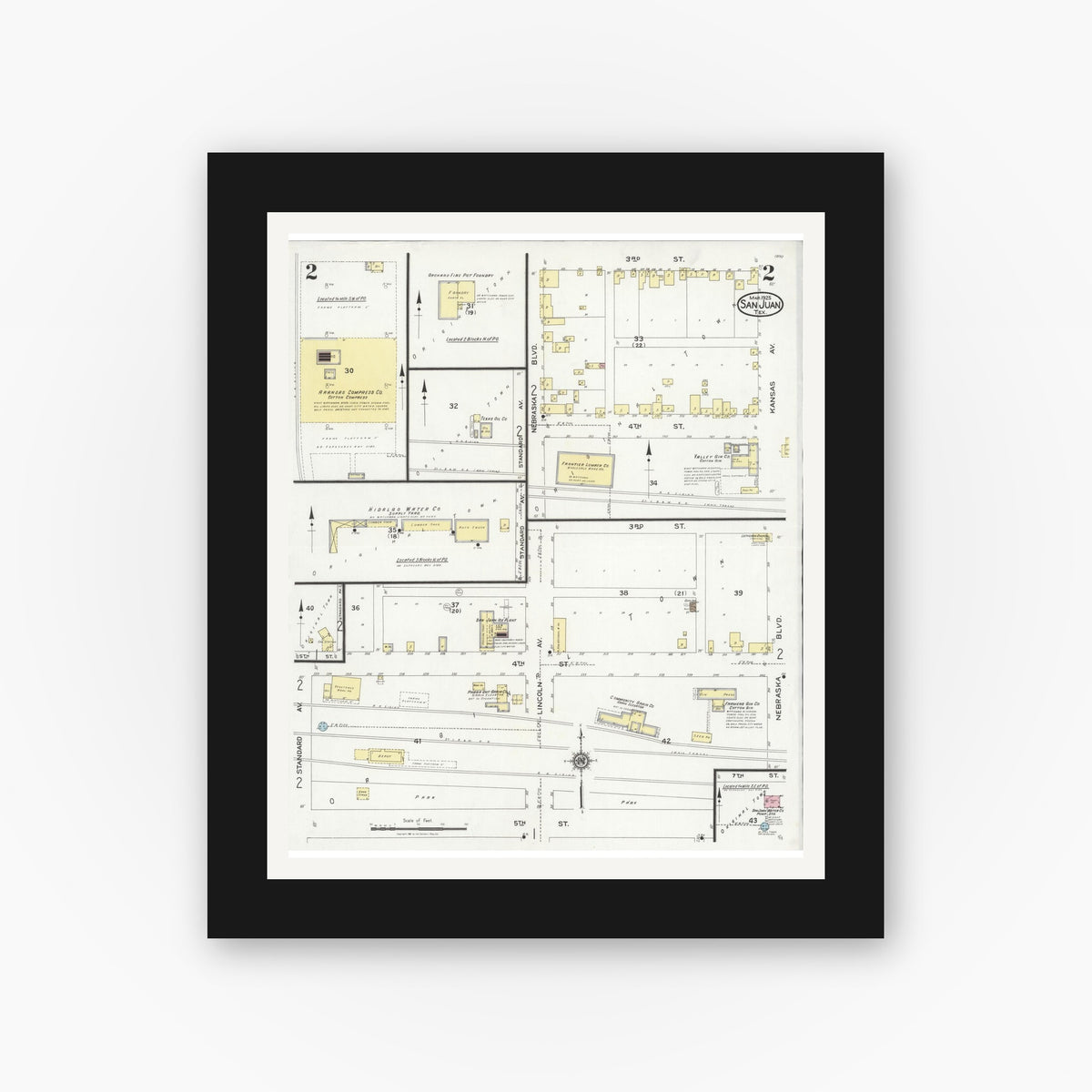 Old map wall art mockup — black gallery frame with white mat — Sanborn Fire Insurance Map from San Juan, Hidalgo County, Texas (1925), Sheet #0002