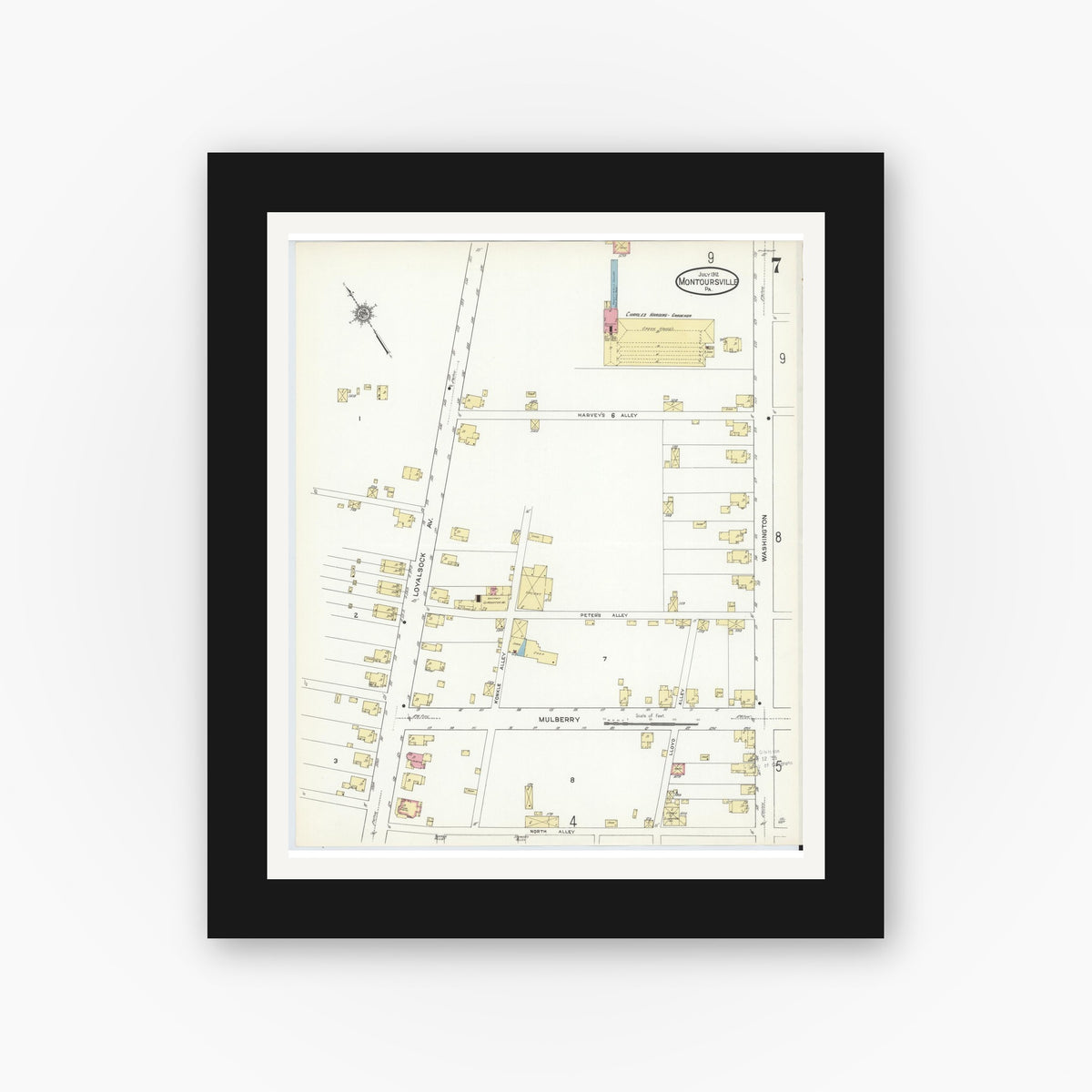 Old map wall art mockup — black gallery frame with white mat — Sanborn Fire Insurance Map from Montoursville, Lycoming County, Pennsylvania (1912), Sheet #0007