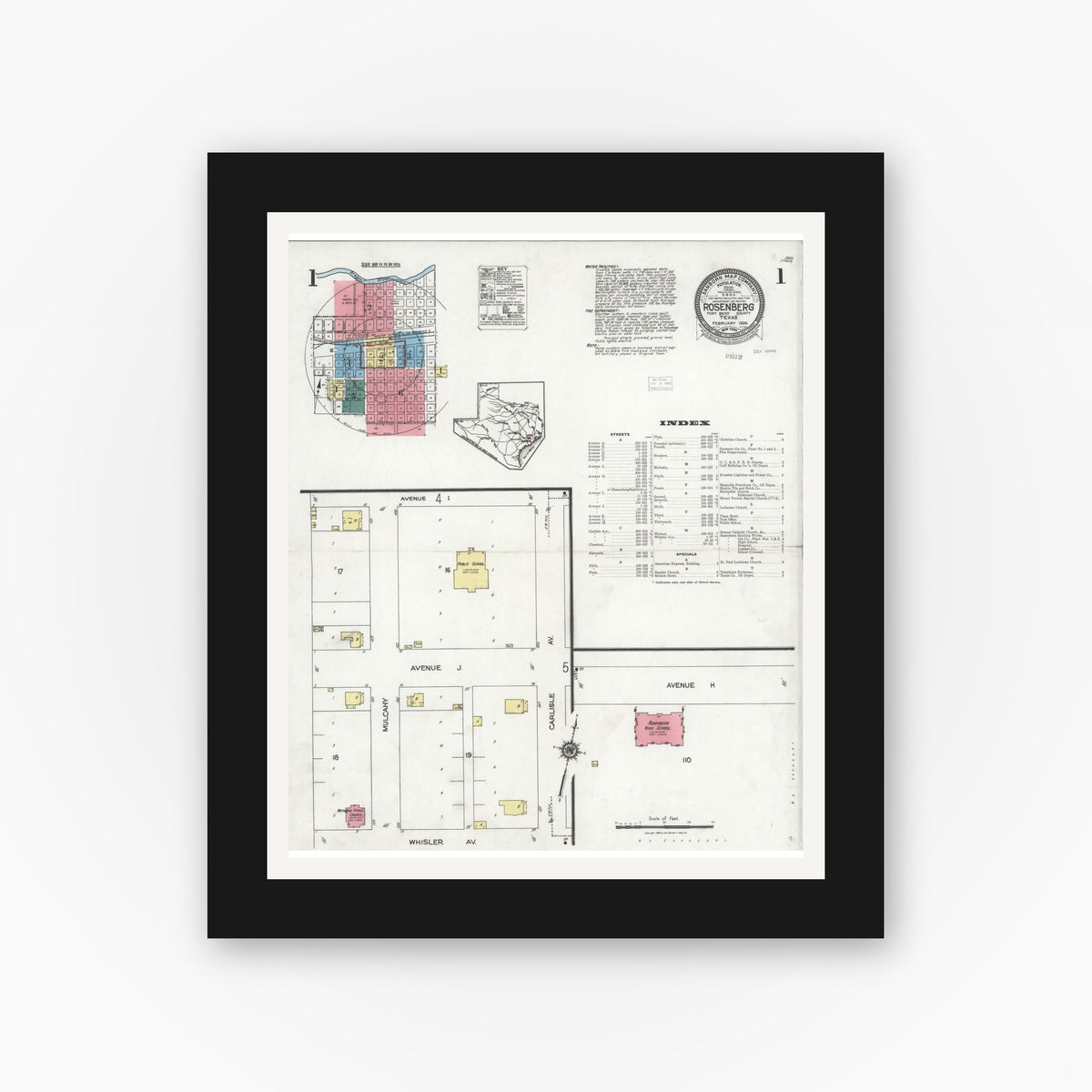 Old map wall art mockup — black gallery frame with white mat — Sanborn Fire Insurance Map from Rosenberg, Fort Bend County, Texas (1926) - Complete Map Set