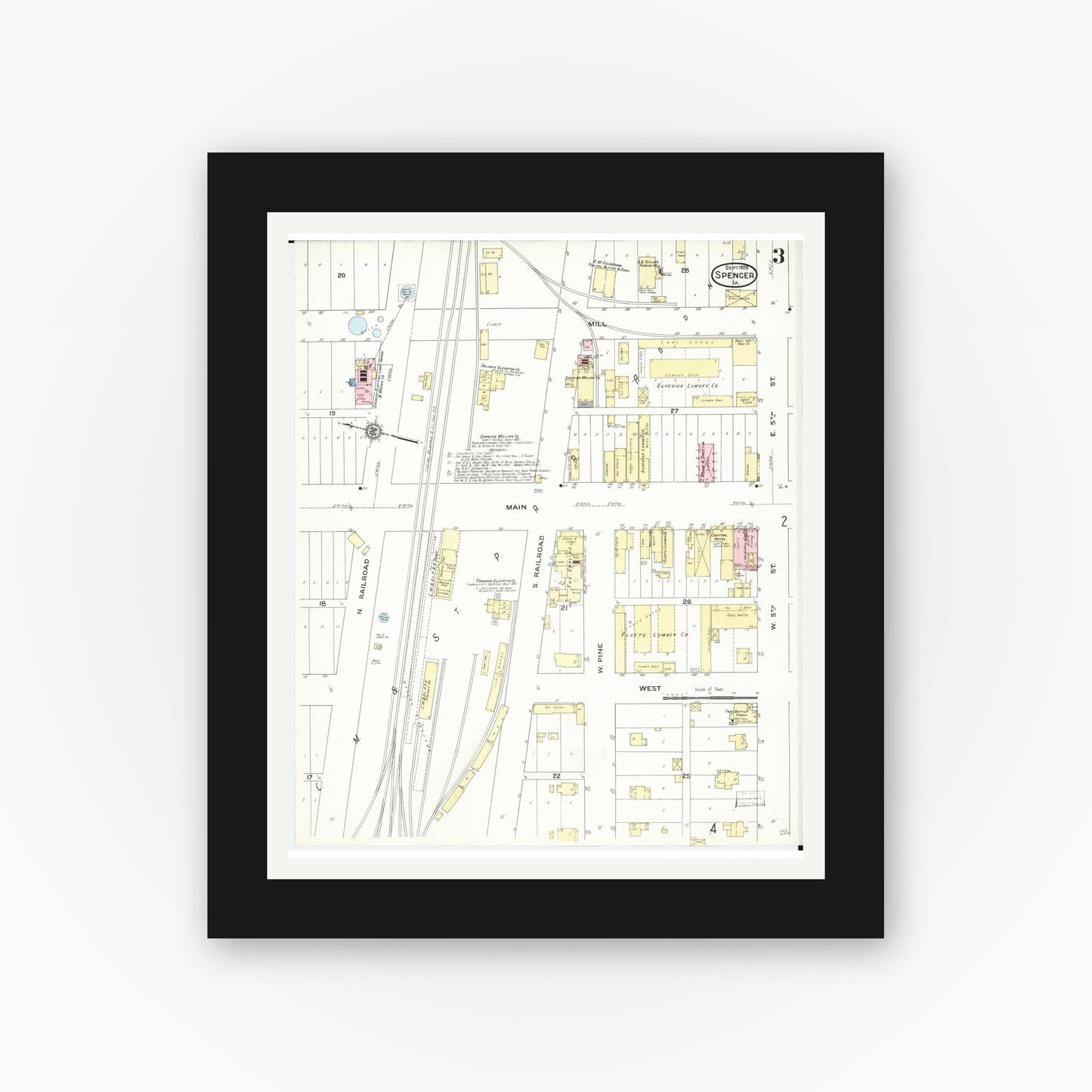 Old map wall art mockup — black gallery frame with white mat — Sanborn Fire Insurance Map from Spencer, Clay County, Iowa (1909), Sheet #0003