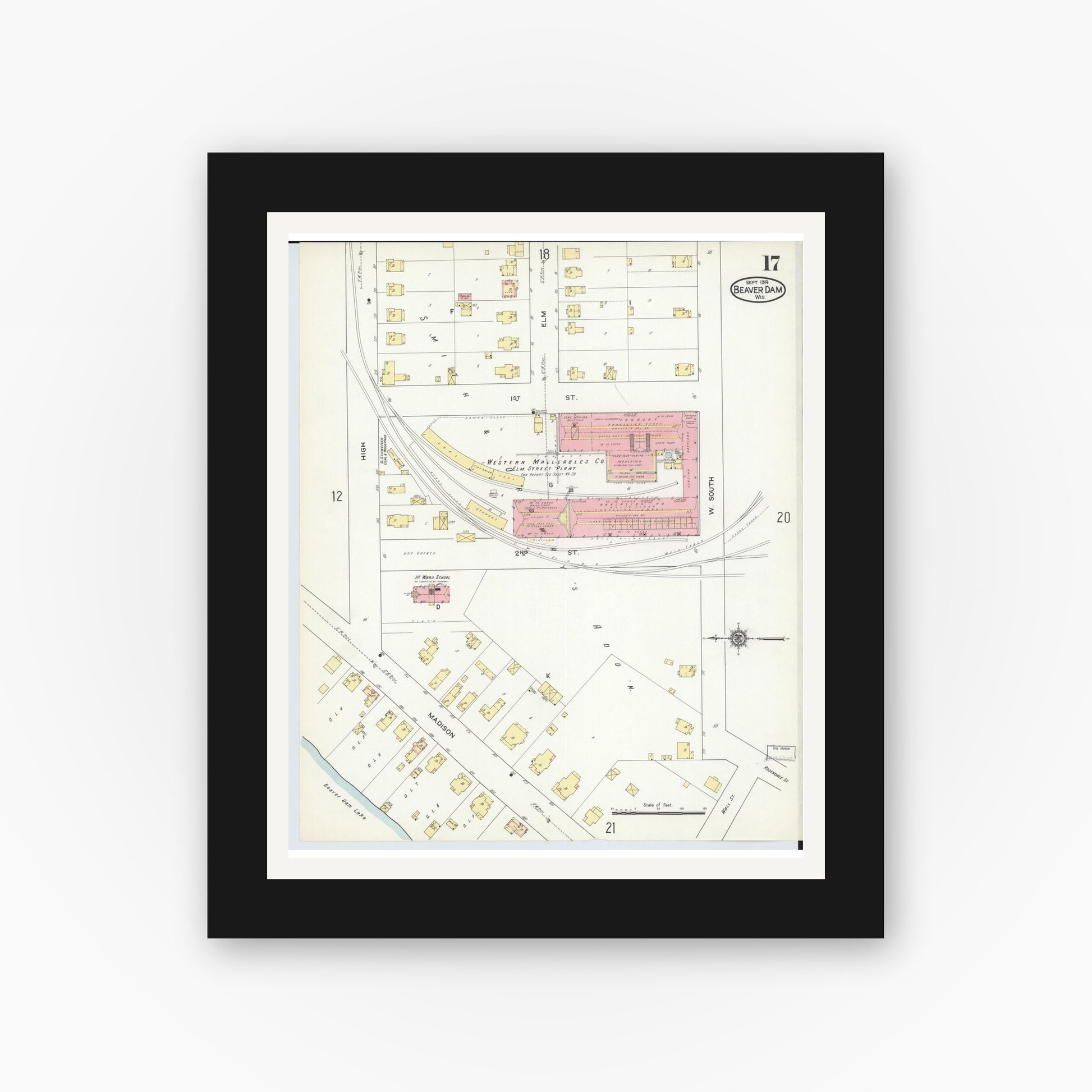 Old map wall art mockup — black gallery frame with white mat — Sanborn Fire Insurance Map from Beaver Dam, Dodge County, Wisconsin (1914), Sheet #0017