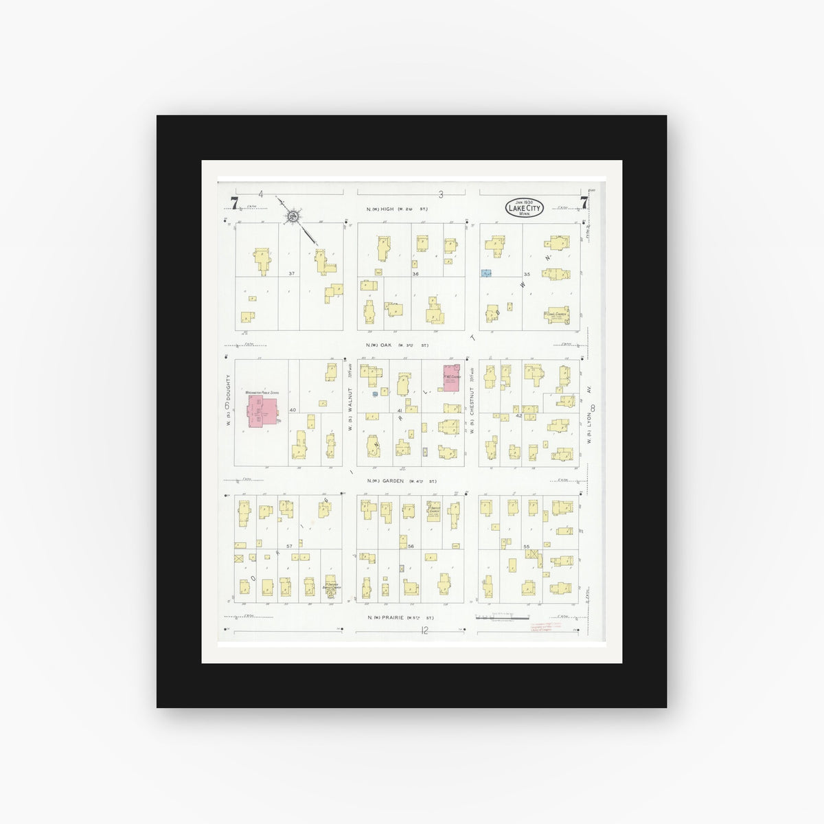 Old map wall art mockup — black gallery frame with white mat — Sanborn Fire Insurance Map from Lake City, Wabasha County, Minnesota (1930), Sheet #0007