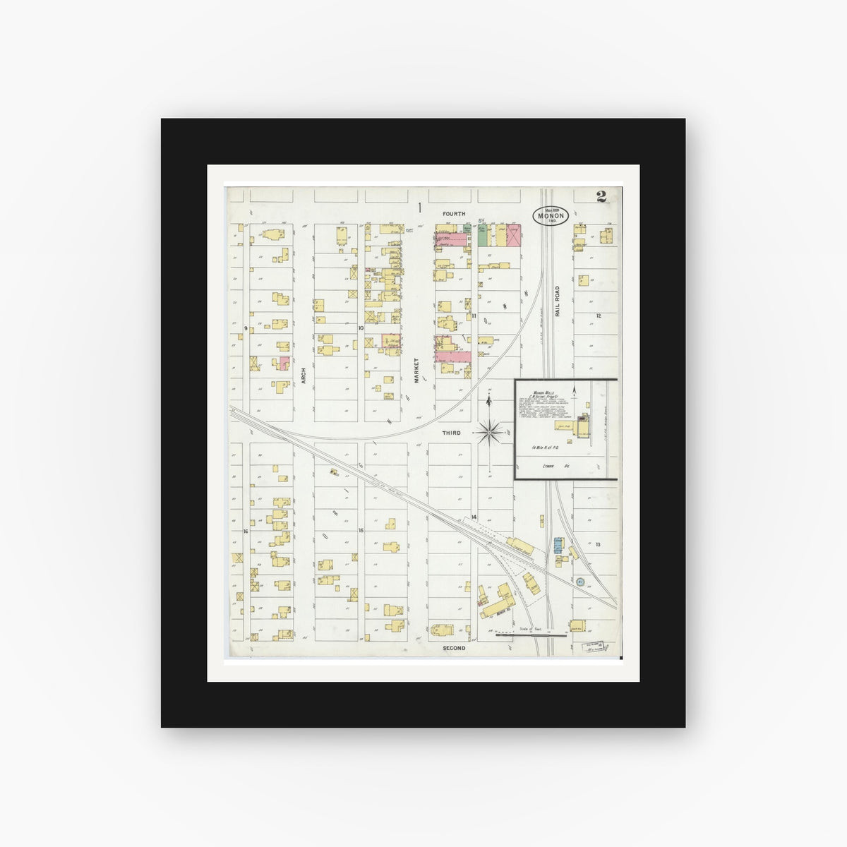 Old map wall art mockup — black gallery frame with white mat — Sanborn Fire Insurance Map from Monon, White County, Indiana (1899), Sheet #0002