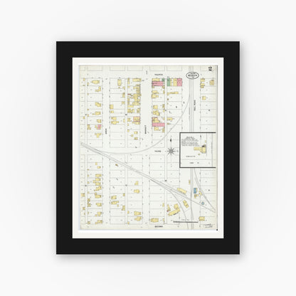 Old map wall art mockup — black gallery frame with white mat — Sanborn Fire Insurance Map from Monon, White County, Indiana (1899), Sheet #0002