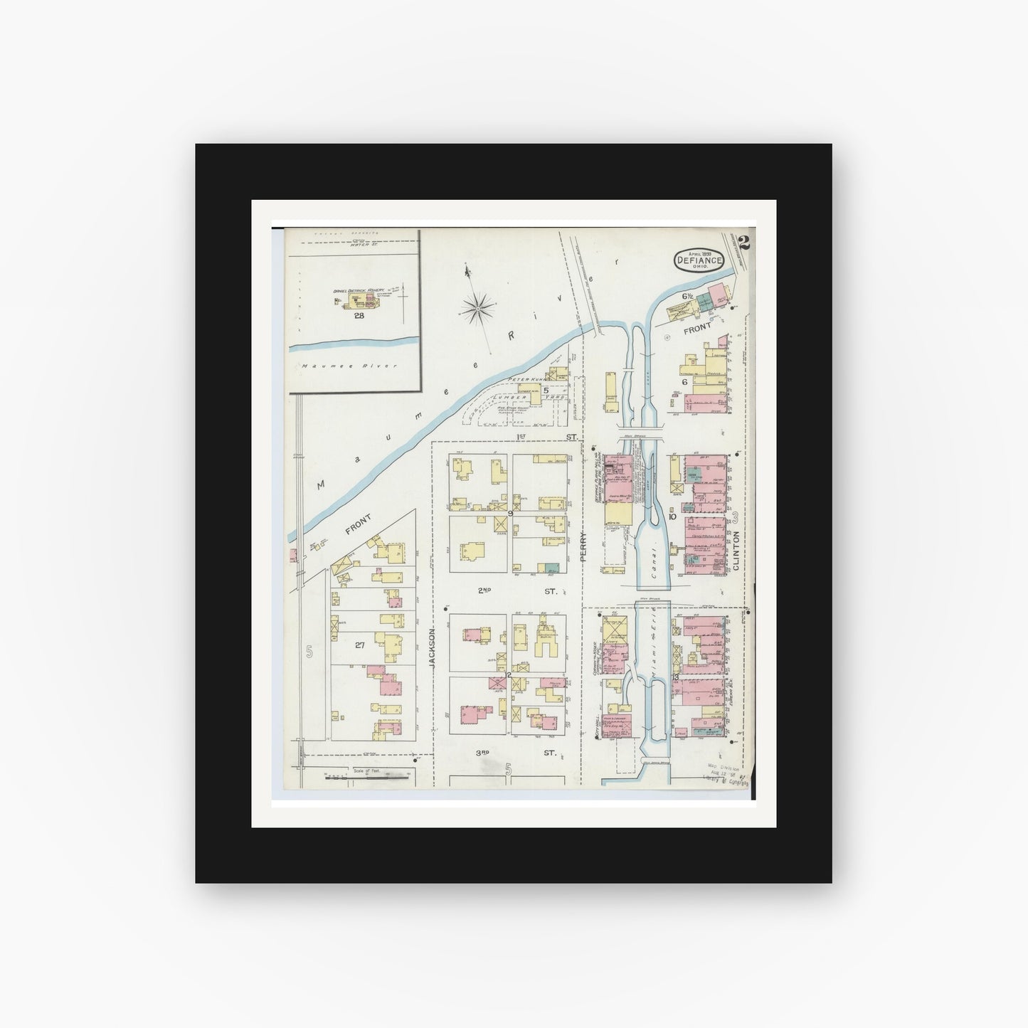 Old map wall art mockup — black gallery frame with white mat — Sanborn Fire Insurance Map from Defiance, Defiance County, Ohio (1893), Sheet #0002