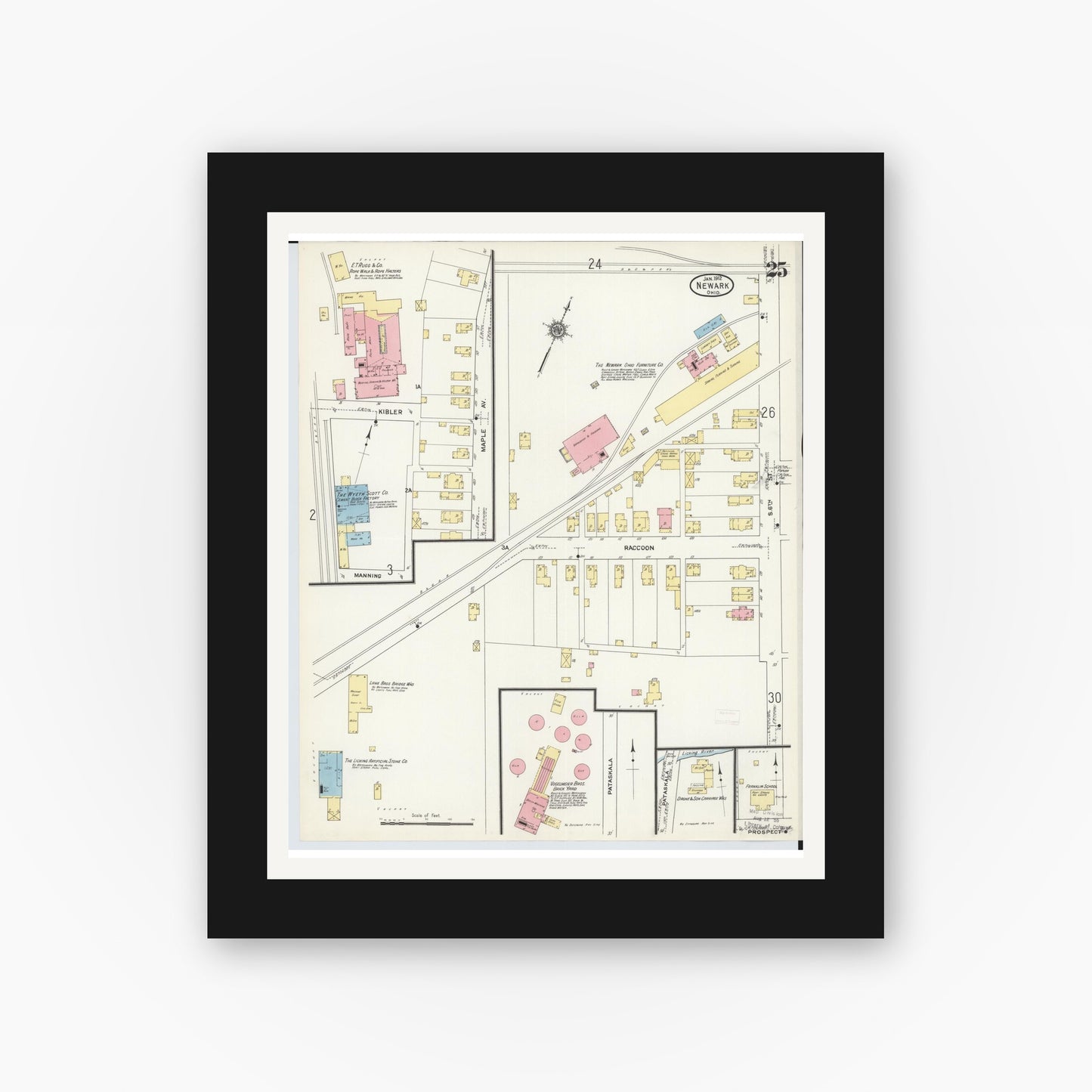 Old map wall art mockup — black gallery frame with white mat — Sanborn Fire Insurance Map from Newark, Licking County, Ohio (1912), Sheet #0025