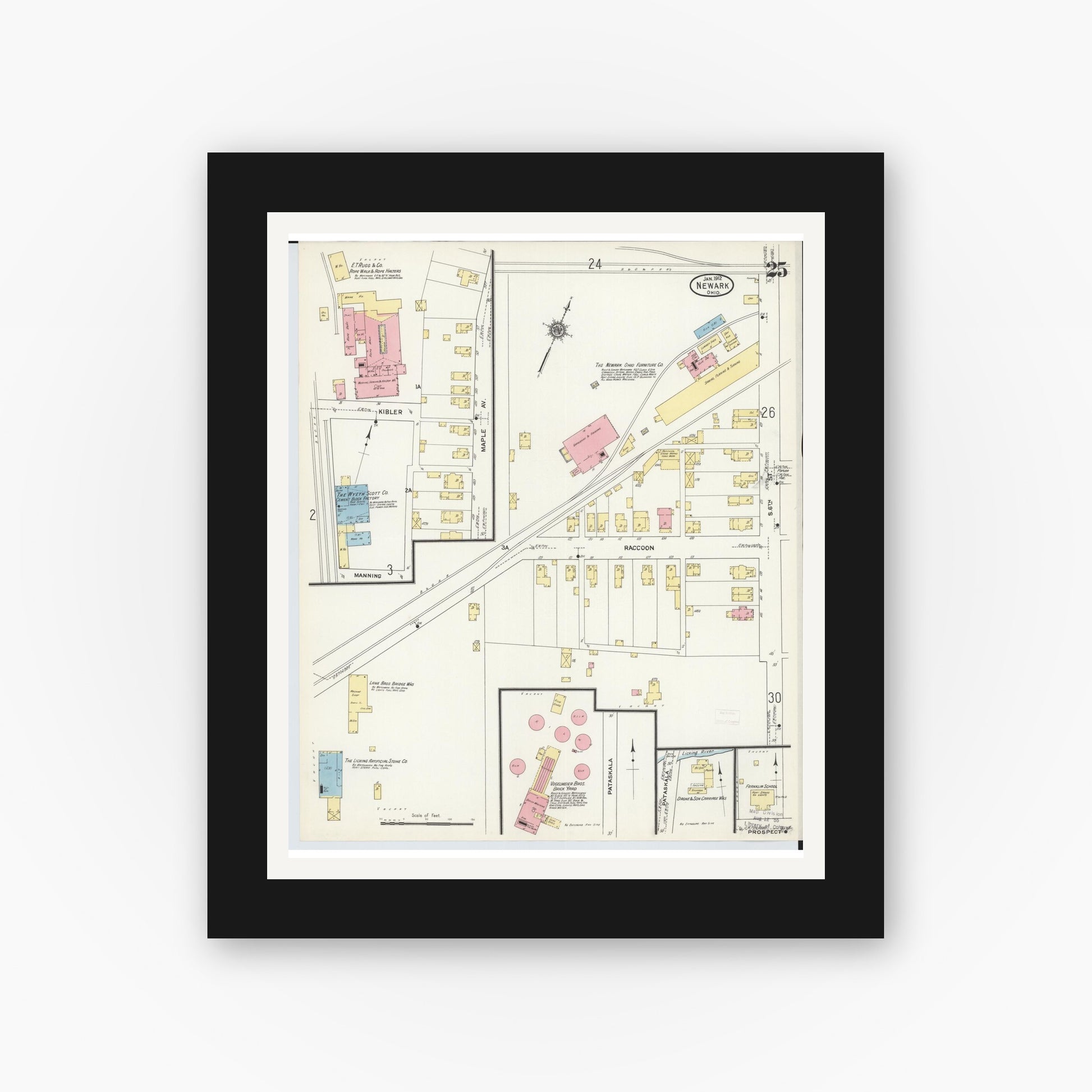 Old map wall art mockup — black gallery frame with white mat — Sanborn Fire Insurance Map from Newark, Licking County, Ohio (1912), Sheet #0025