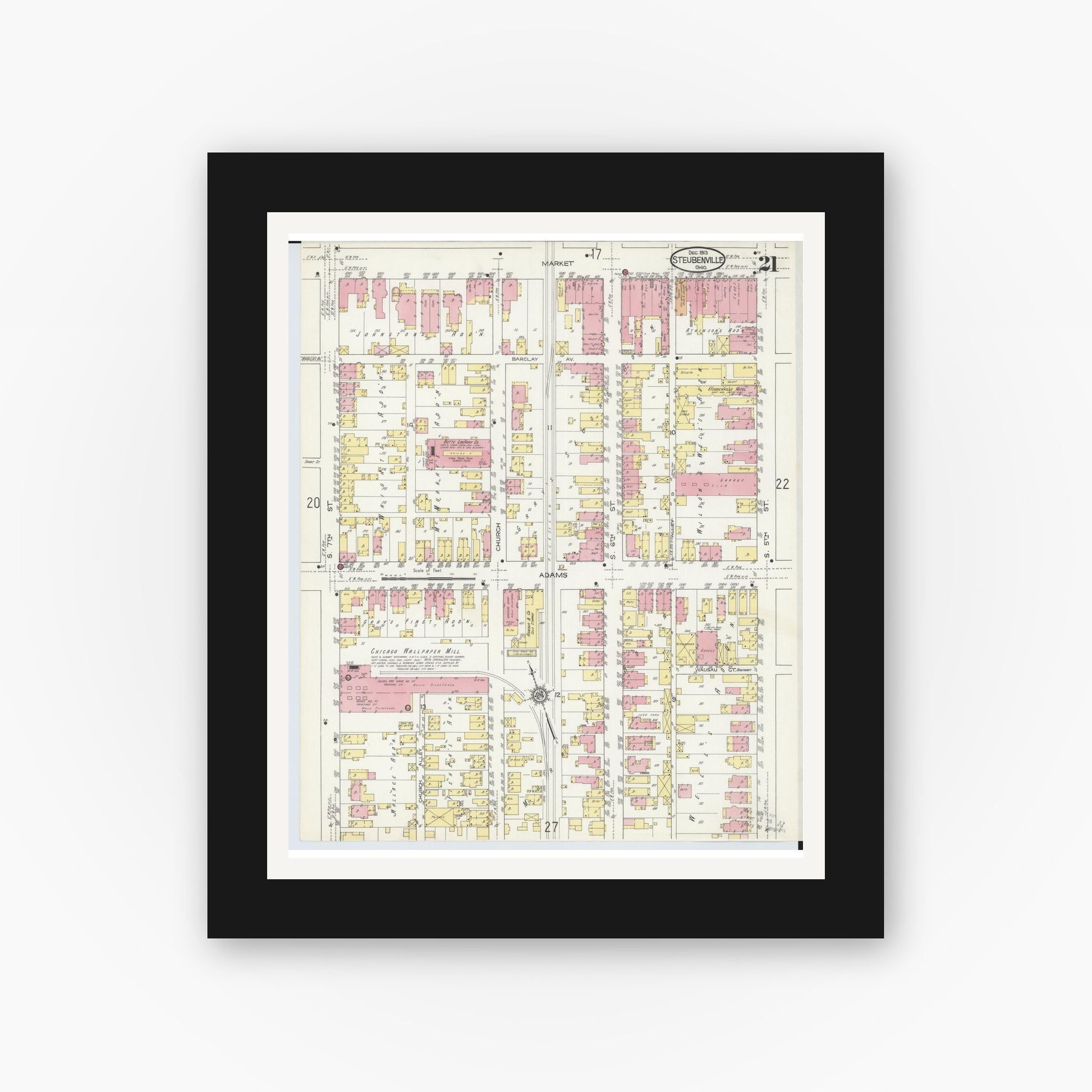 Old map wall art mockup — black gallery frame with white mat — Sanborn Fire Insurance Map from Steubenville, Jefferson County, Ohio (1913), Sheet #0021