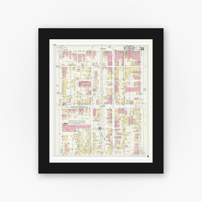 Old map wall art mockup — black gallery frame with white mat — Sanborn Fire Insurance Map from Steubenville, Jefferson County, Ohio (1913), Sheet #0021