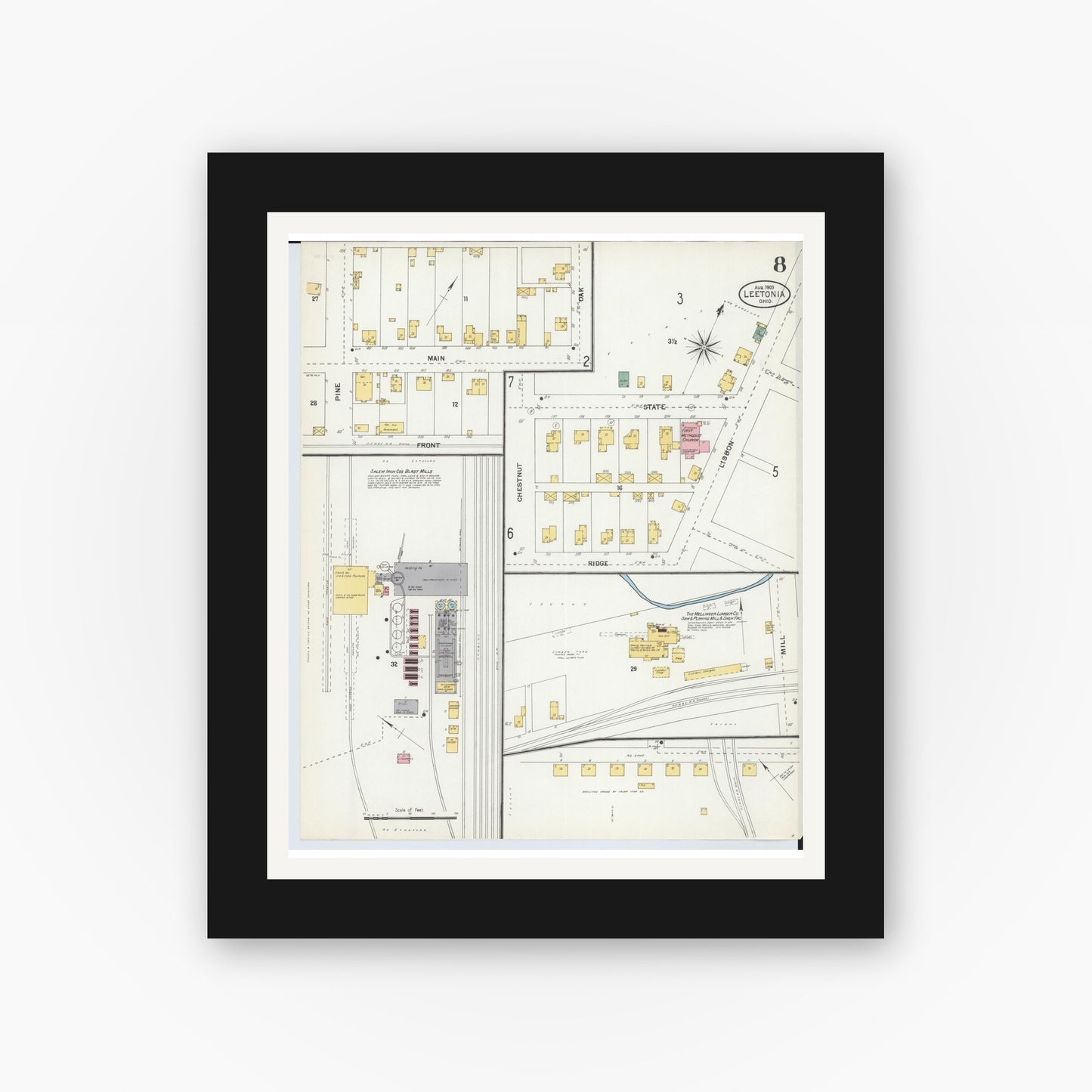 Old map wall art mockup — black gallery frame with white mat — Sanborn Fire Insurance Map from Leetonia, Columbiana County, Ohio (1903), Sheet #0008
