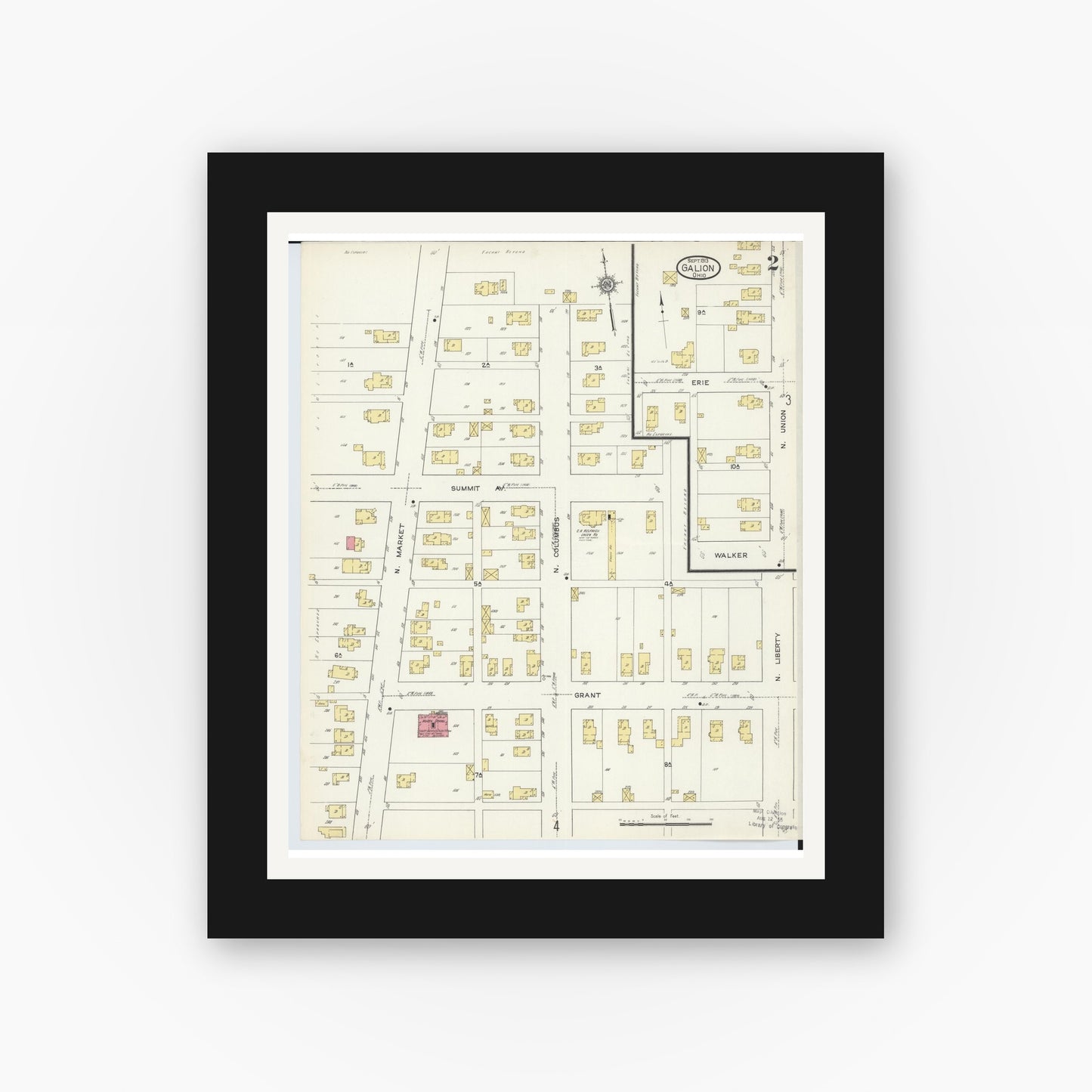 Old map wall art mockup — black gallery frame with white mat — Sanborn Fire Insurance Map from Galion, Crawford County, Ohio (1913), Sheet #0002