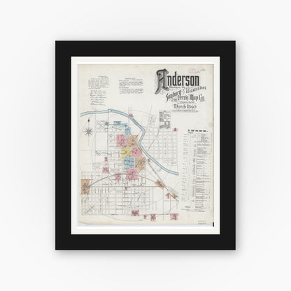 Old map wall art mockup — black gallery frame with white mat — Sanborn Fire Insurance Map from Anderson, Madison County, Indiana (1890), Sheet #0001