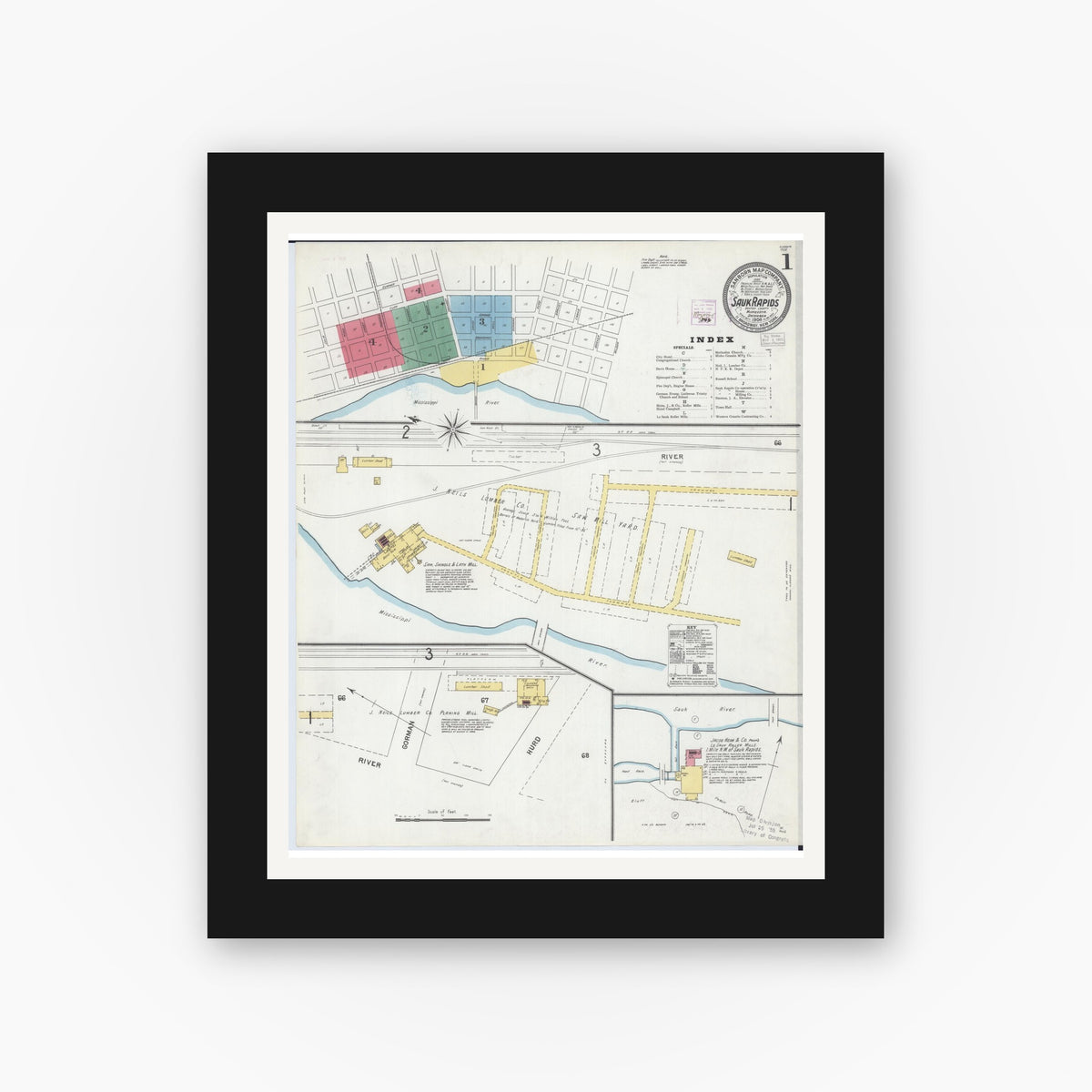 Old map wall art mockup — black gallery frame with white mat — Sanborn Fire Insurance Map from Sauk Rapids, Benton County, Minnesota (1904), Sheet #0001