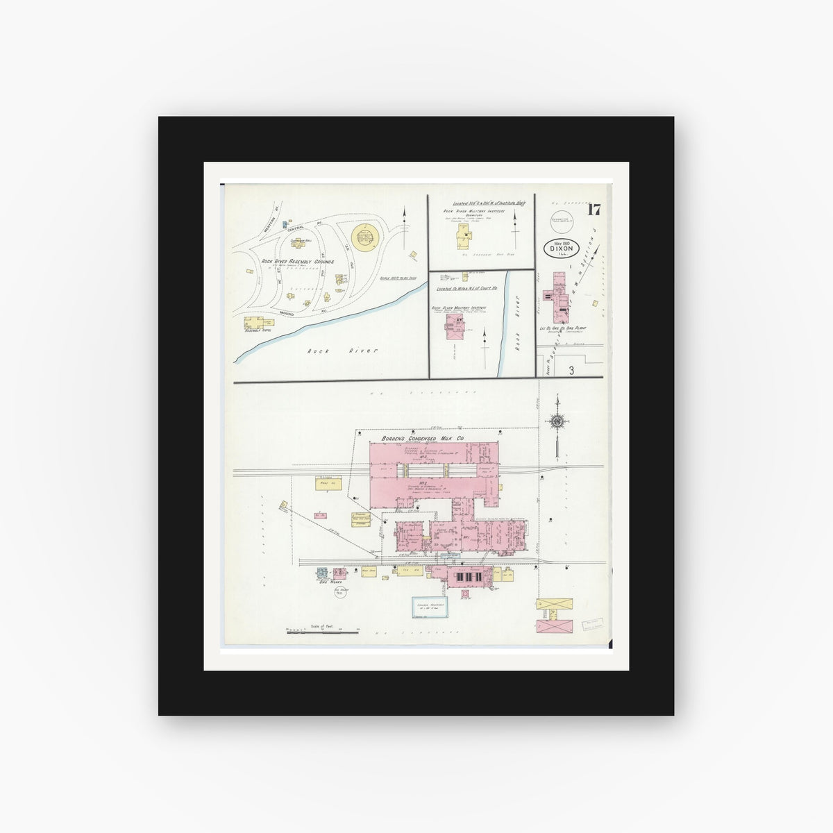Old map wall art mockup — black gallery frame with white mat — Sanborn Fire Insurance Map from Dixon, Lee County, Illinois (1910), Sheet #0017