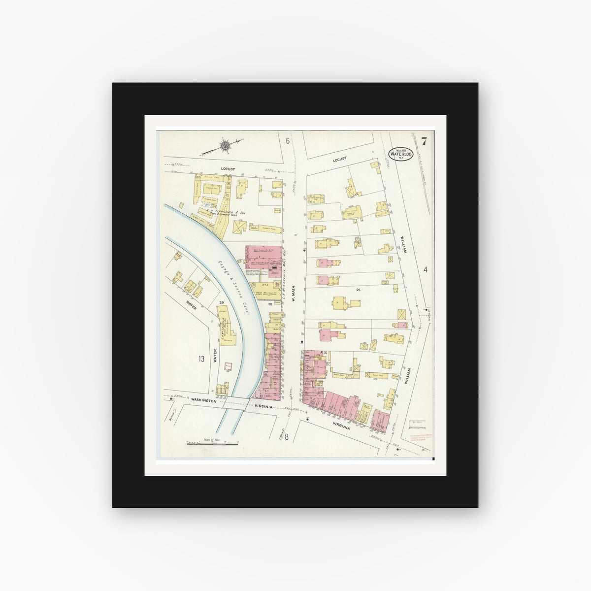 Old map wall art mockup — black gallery frame with white mat — Sanborn Fire Insurance Map from Waterloo, Seneca County, New York (1911), Sheet #0007