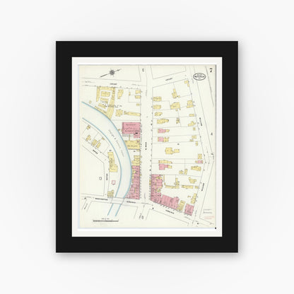 Old map wall art mockup — black gallery frame with white mat — Sanborn Fire Insurance Map from Waterloo, Seneca County, New York (1911), Sheet #0007