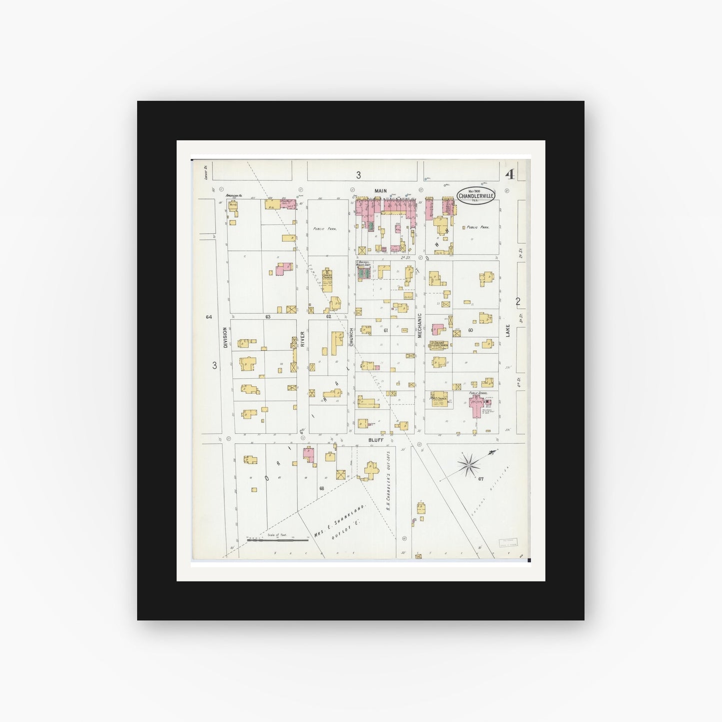 Old map wall art mockup — black gallery frame with white mat — Sanborn Fire Insurance Map from Chandlerville, Cass County, Illinois (1900), Sheet #0004