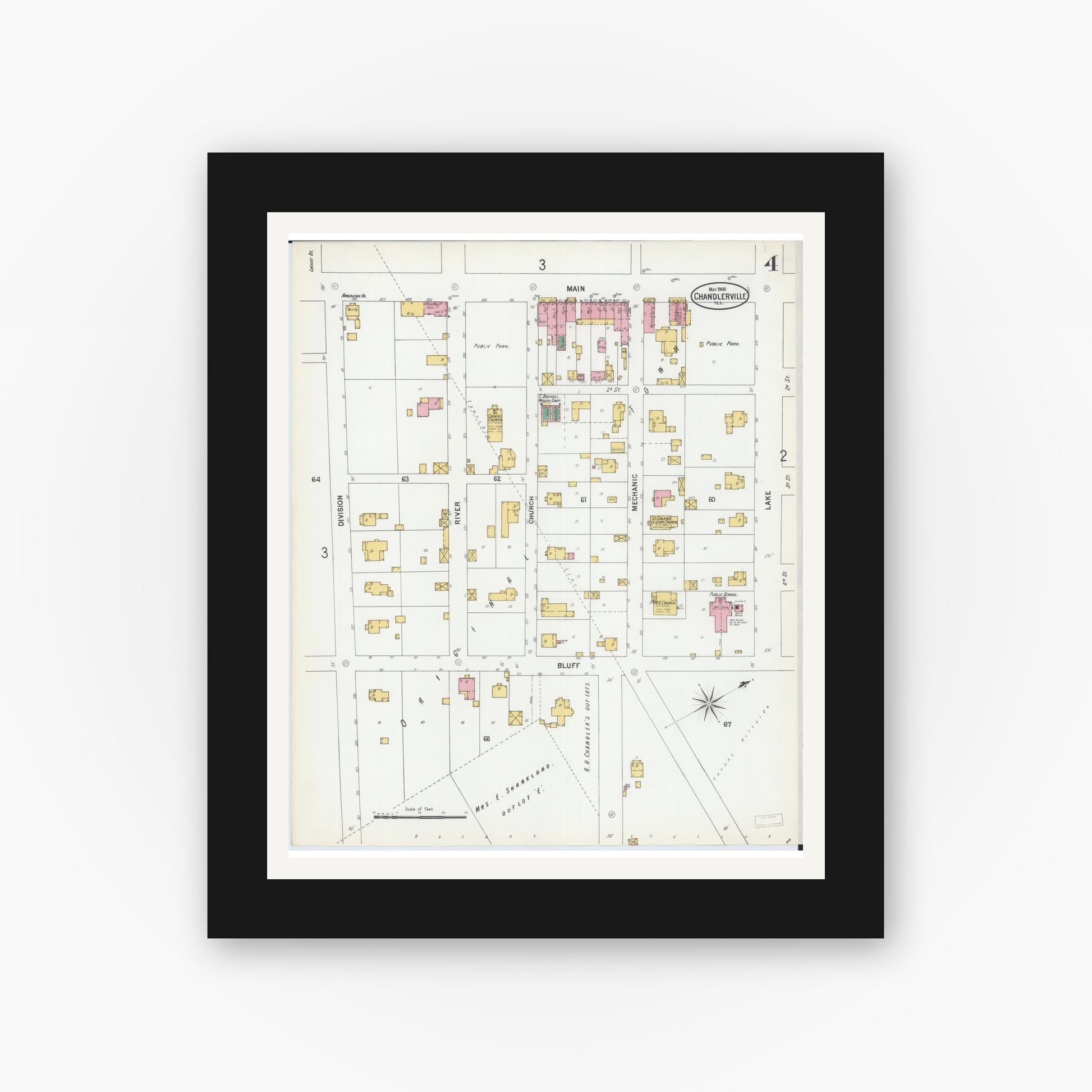 Old map wall art mockup — black gallery frame with white mat — Sanborn Fire Insurance Map from Chandlerville, Cass County, Illinois (1900), Sheet #0004