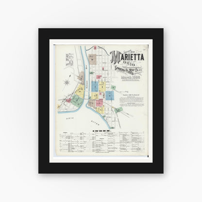 Old map wall art mockup — black gallery frame with white mat — Sanborn Fire Insurance Map from Marietta, Washington County, Ohio (1896), Sheet #0001