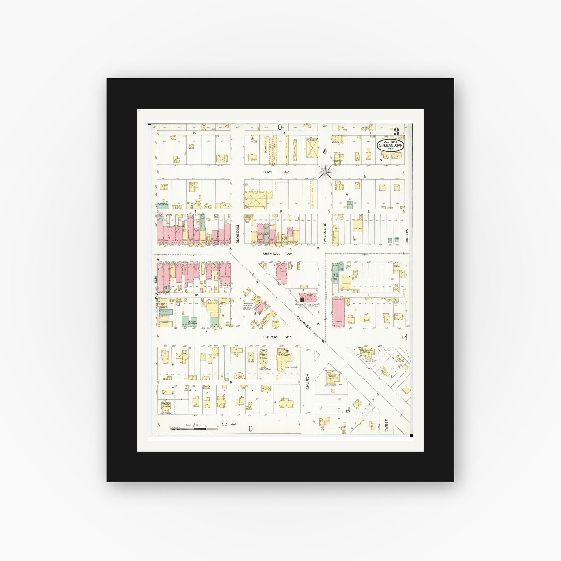 Old map wall art mockup — black gallery frame with white mat — Sanborn Fire Insurance Map from Shenandoah, Page County, Iowa (1899), Sheet #0003